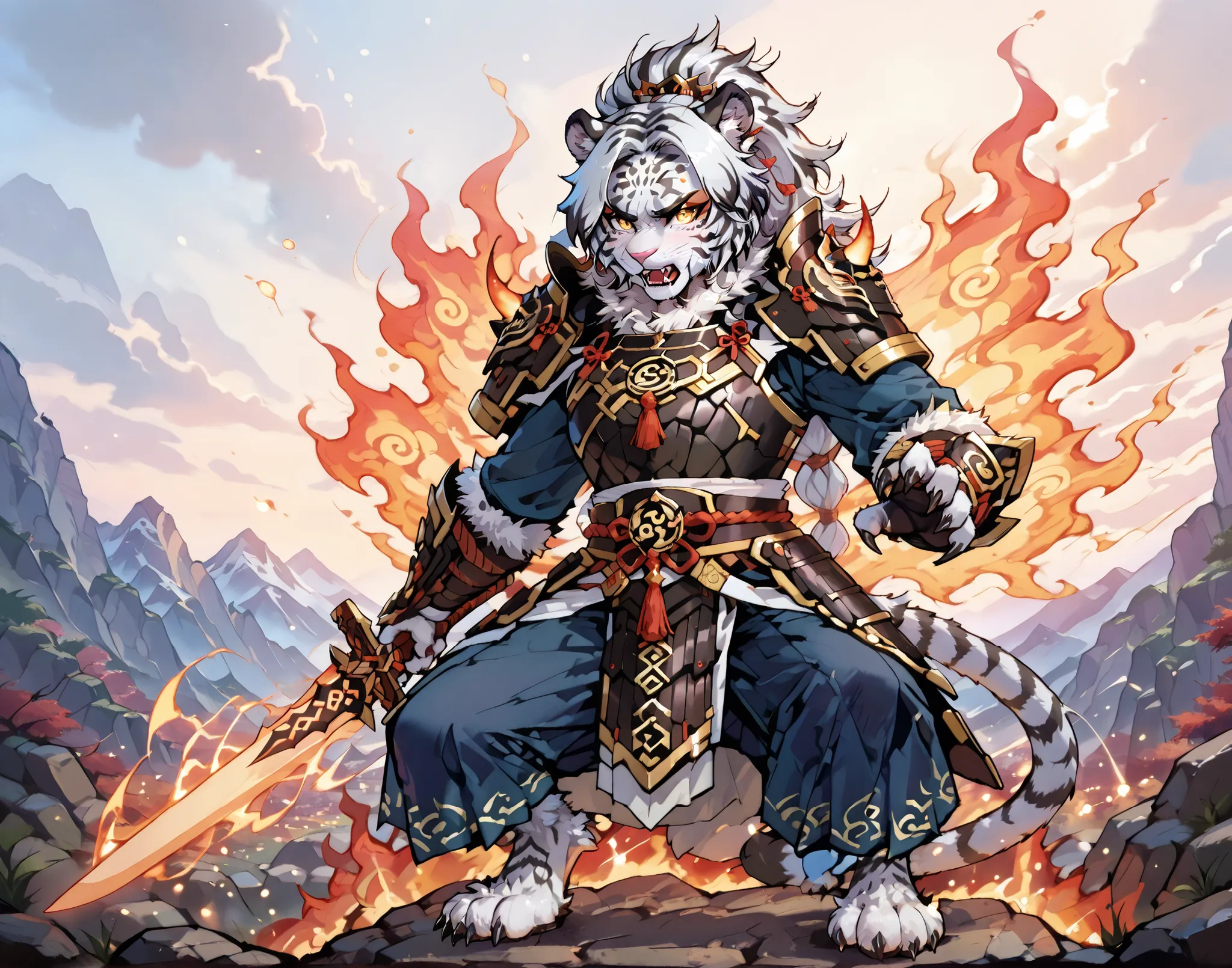 Epic battle scene between an anthropomorphic fiery wolf warrior and a white tiger warrior, both wearing dark fantasy armor, clashing in a burst of magical energy. The wolf has flames coming from his mane and wings, while the white tiger emits icy blue aura...