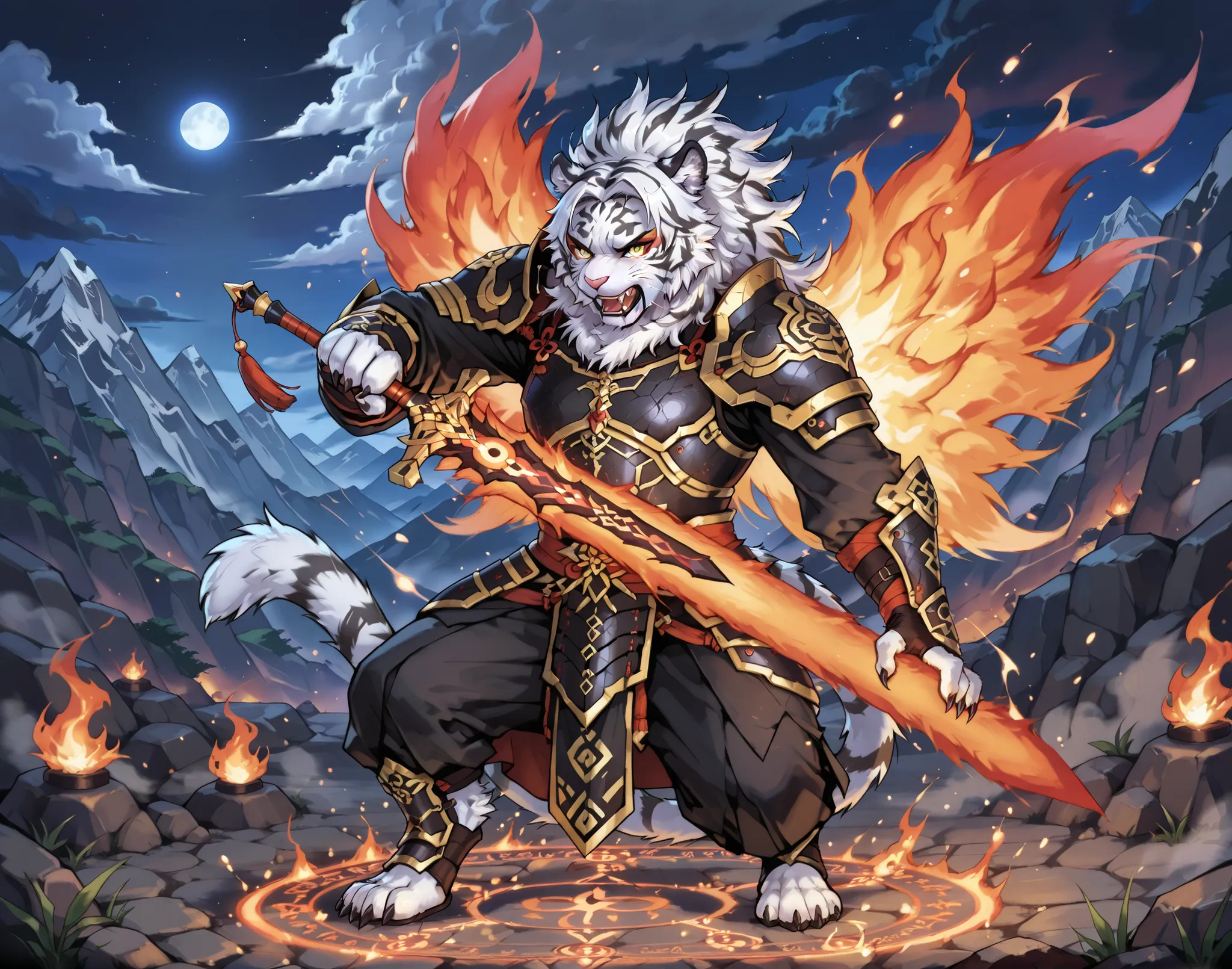 Epic battle scene between an anthropomorphic fiery wolf warrior and a white tiger warrior, both wearing dark fantasy armor, clashing in a burst of magical energy. The wolf has flames coming from his mane and wings, while the white tiger emits icy blue aura...