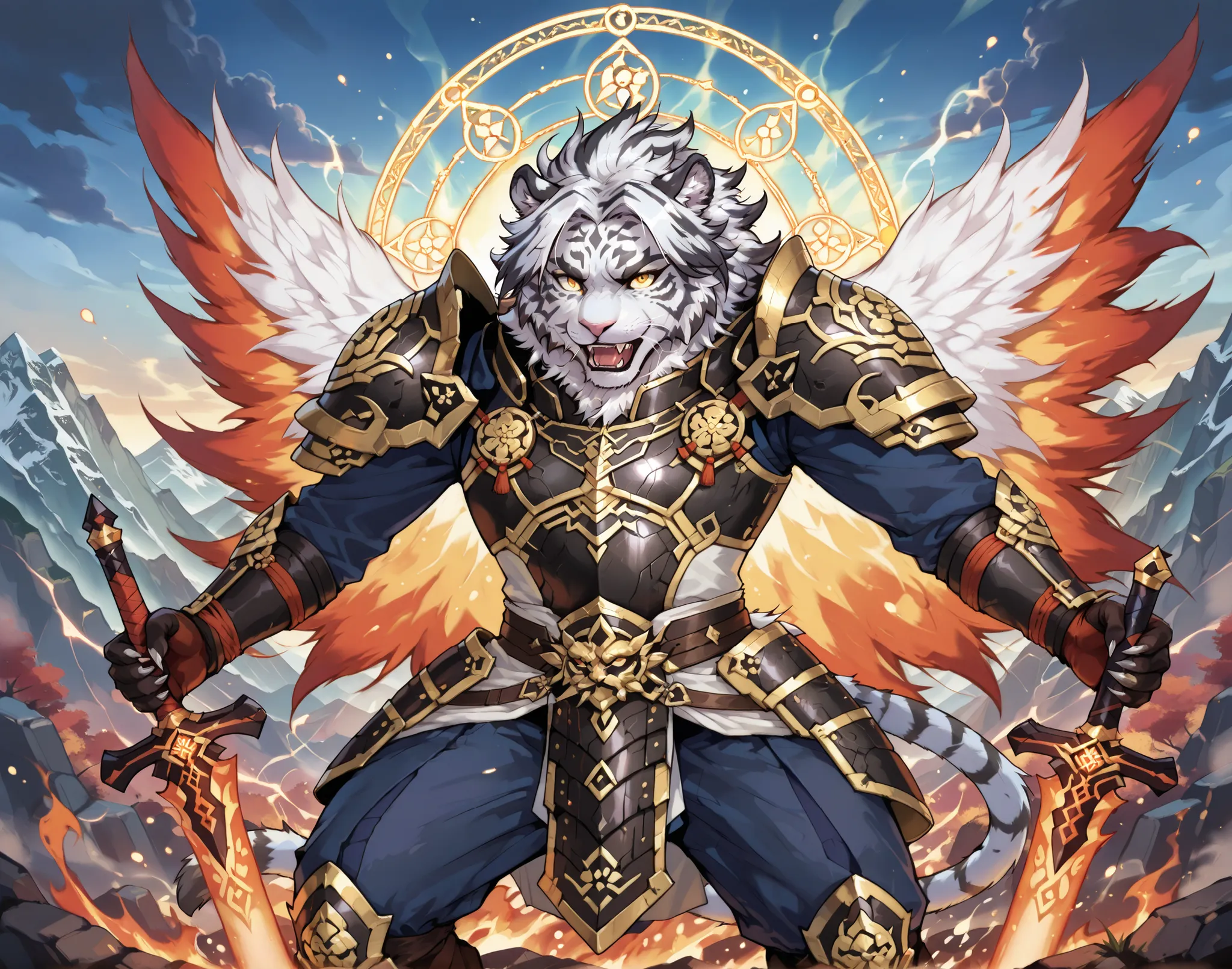 Epic battle scene between an anthropomorphic fiery wolf warrior and a white tiger warrior, both wearing dark fantasy armor, clashing in a burst of magical energy. The wolf has flames coming from his mane and wings, while the white tiger emits icy blue aura...