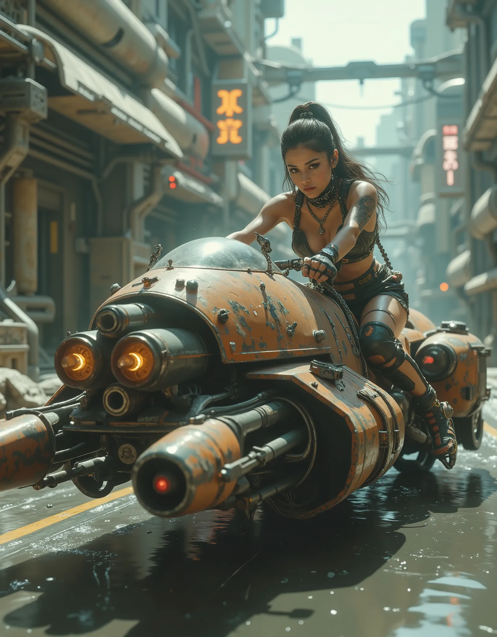 cinematographic photography using the rule of thirds and composition on planes Side photo full body shot counterposed, soft light, unmarked contrasts, a retrofuturistic motorcycle (Speeder bike) Flying ( bike) inspired by motorcycles with low frames and l...