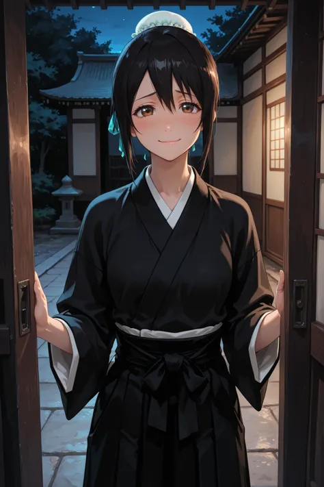1girl, Momo Hinamori, black hair, single hair bun, bun cover, brown eyes,japanese clothes, black hakama, hakama skirt, black kimono, outdoor, night, inside Japanese temple, near entrance, gentle look, shy smile, very beautiful, attractive, masterpiece, ult...