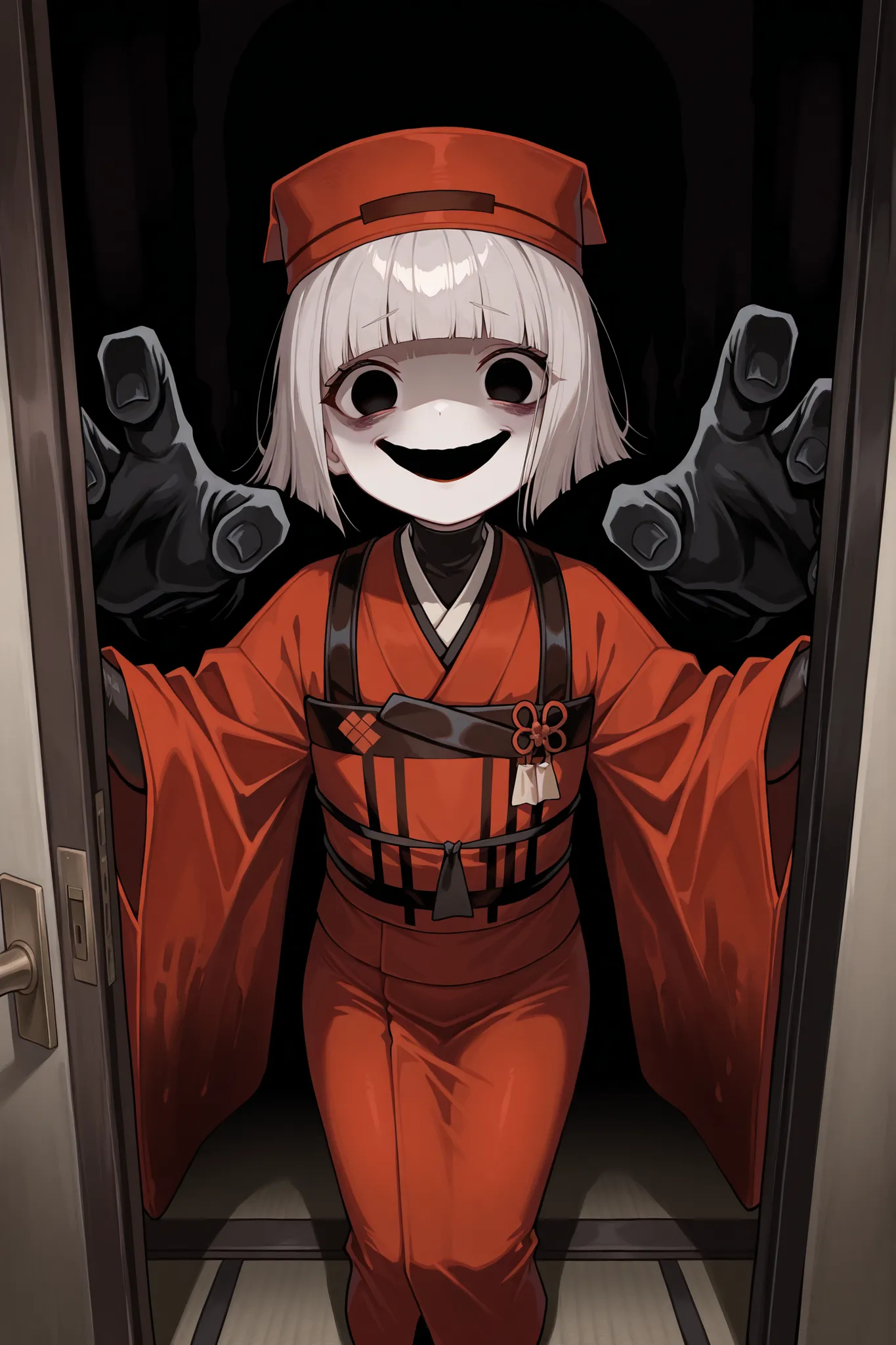 1girl, solo, indoors, pale skin, short hair, grey hair, black eyes, bob cut, japanese clothes, kimono, red kimono, sash, long sleeves, wide sleeves, bridal gauntlets, red hat, creepy eyes, no pupils, small female, small chest bags under eyes, creepy smile,...