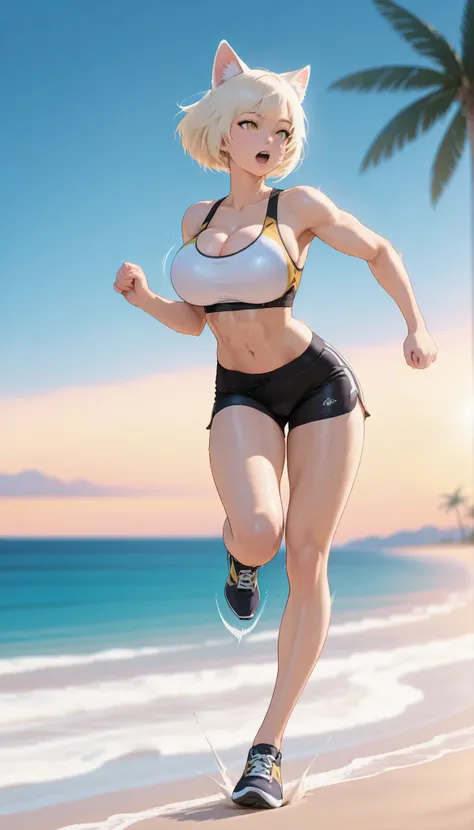 masterpiece, best quality, full body, anime style, sexy catgirl, large bouncing breasts, breast bounce while running, uplifted cleavage, tight sports bra, upper boob bulge, toned waist, athletic thighs, shapely legs, tight running shorts, athletic body, ru...