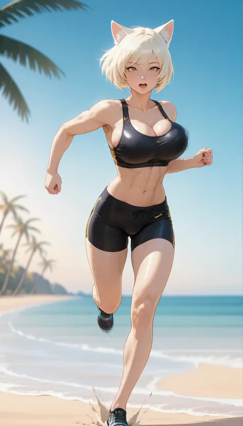 masterpiece, best quality, full body, anime style, sexy catgirl, large bouncing breasts, breast bounce while running, uplifted cleavage, tight sports bra, upper boob bulge, toned waist, athletic thighs, shapely legs, tight running shorts, athletic body, ru...