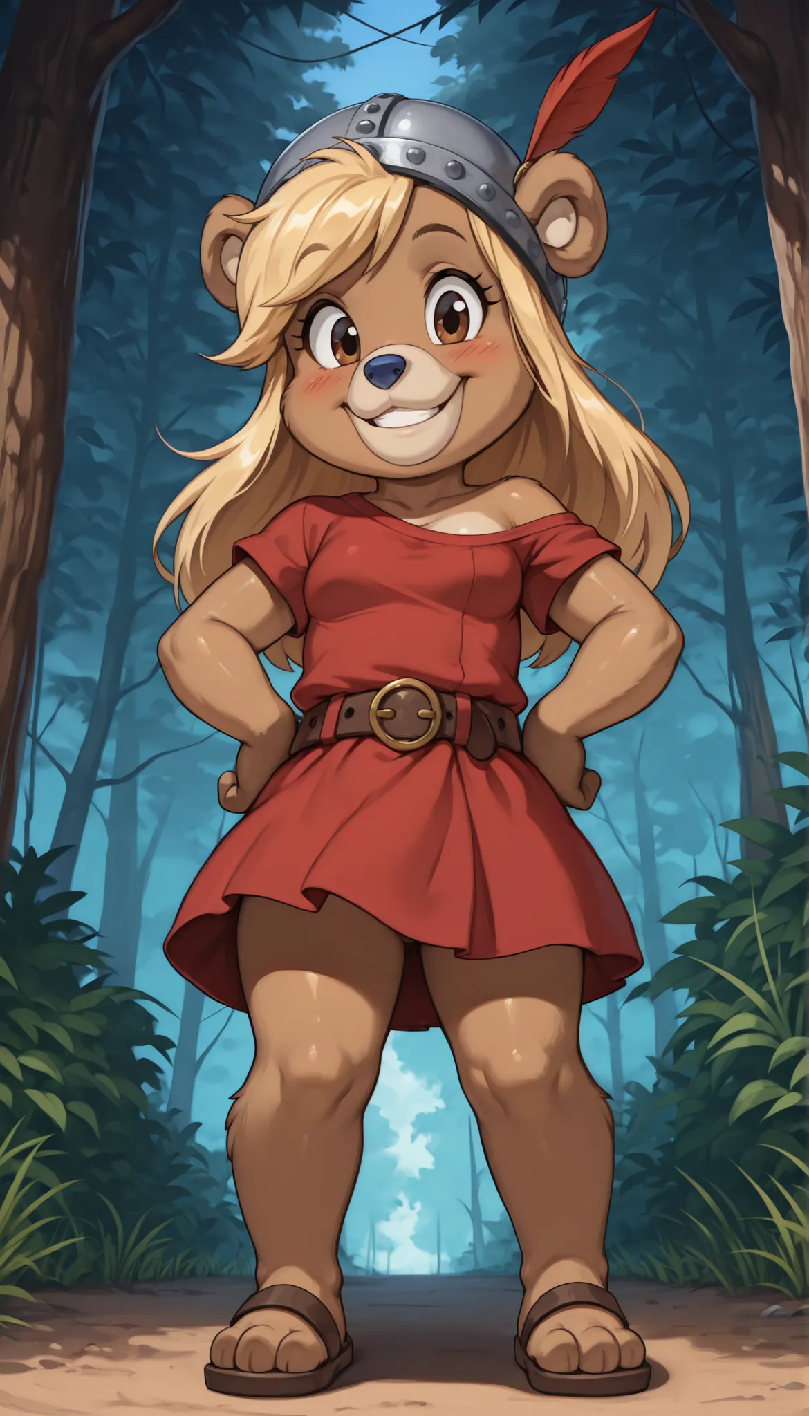 score_9, score_8_up, score_7_up, (masterpiece, best quality, very aesthetic, absurdres, source furry, artist:sakura, shaded,) 1girl, solo, bear, furry female, Ursa Barbic, young, brown eyes, looking at viewer, smile, blush, blonde hair, messy bangs, long h...