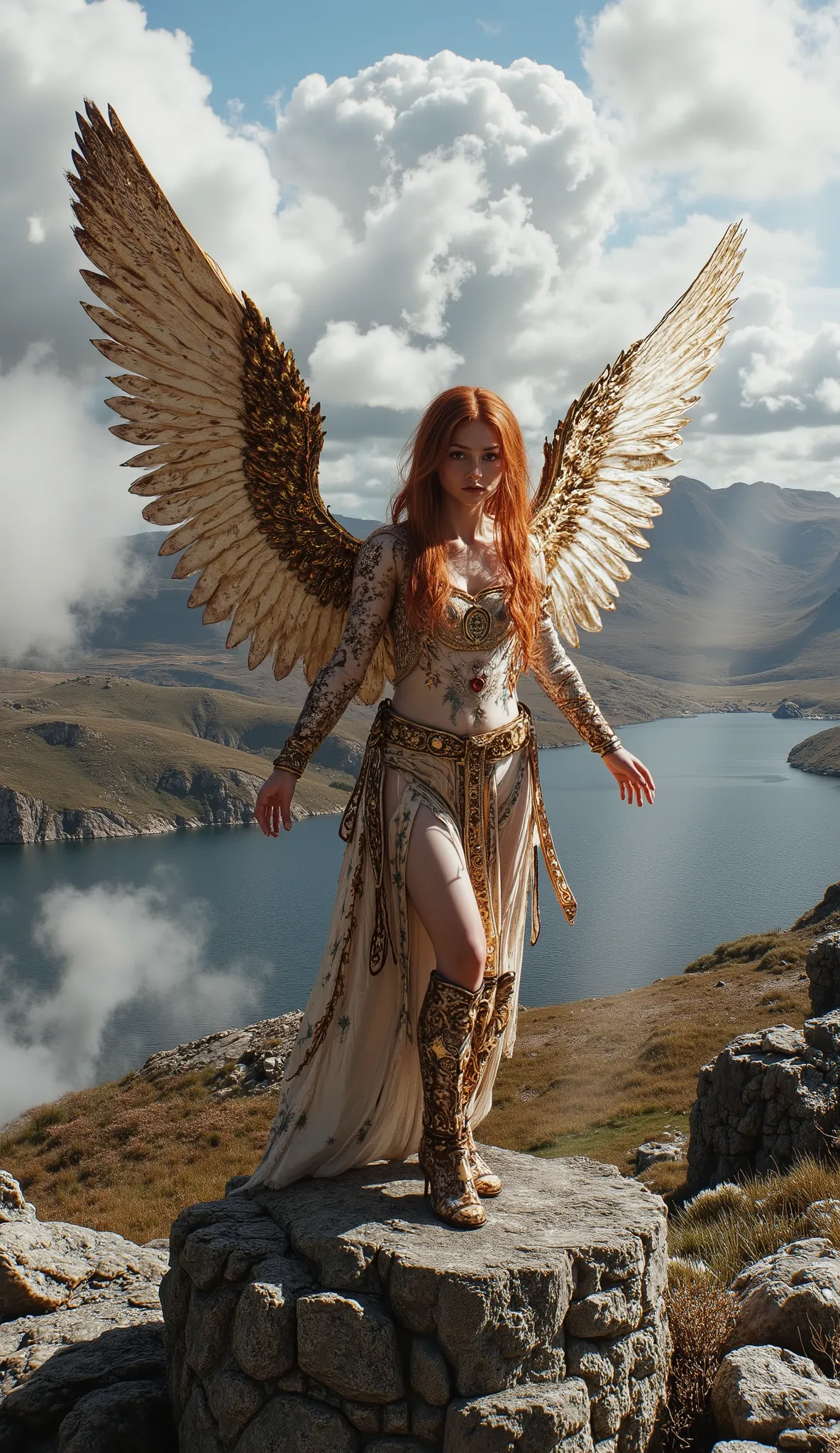 Scotland**  
*"The Highland Seraphim"* – A fiery-haired warrior-princess with feathered wings, clad in tartan silk armor, standing atop a floating Highland citadel.  