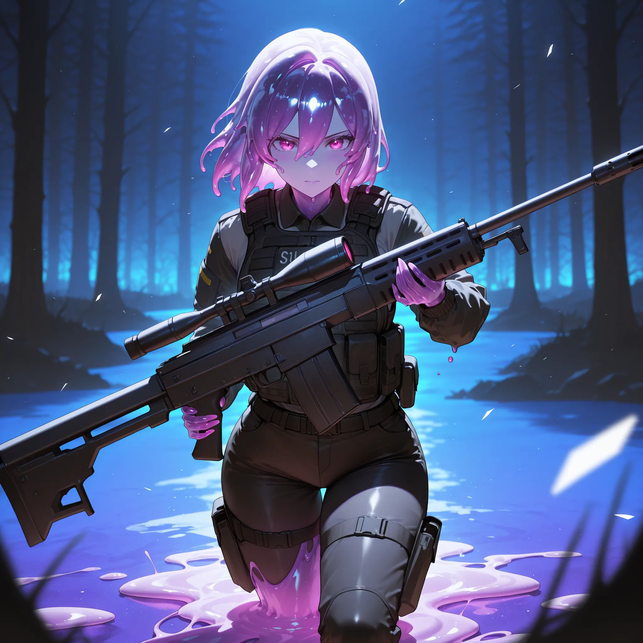 masterpiece,best quality,amazing quality,ultra-detailed,very aesthetic,sharp focus,depth of field,vibrant colors,ray tracing,best lighting,detailed illustration,detailed background,cinematic,(EyesHD:1.2),beautiful eyes,Solo_female,slime girl,galaxy colored...