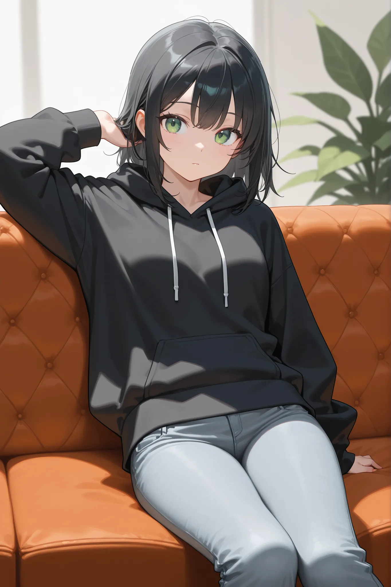 (qualitatively), ( masterfully ),(detailed), 1 girl, sitting on the couch, black hair, green eyes, black hoodie, gray jeans