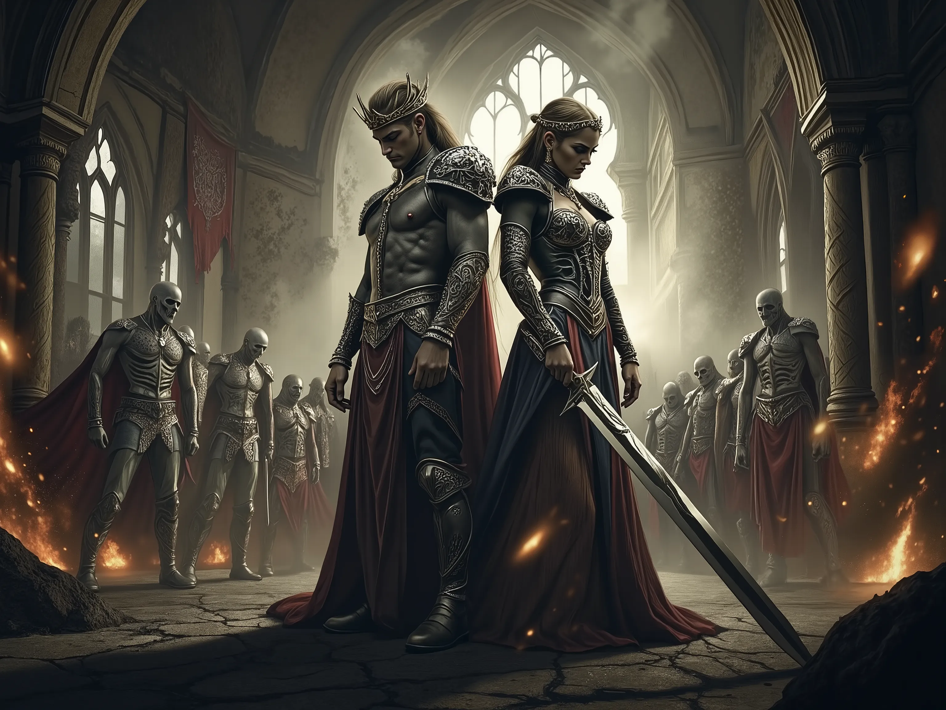 Create a highly detailed and dramatic cinematic photo of a king and queen battling skeletal zombie warriors in a castle throne room. The king, wearing a majestic yet battle-worn crown and armor, wields a glowing sword, while the queen, adorned in a regal y...