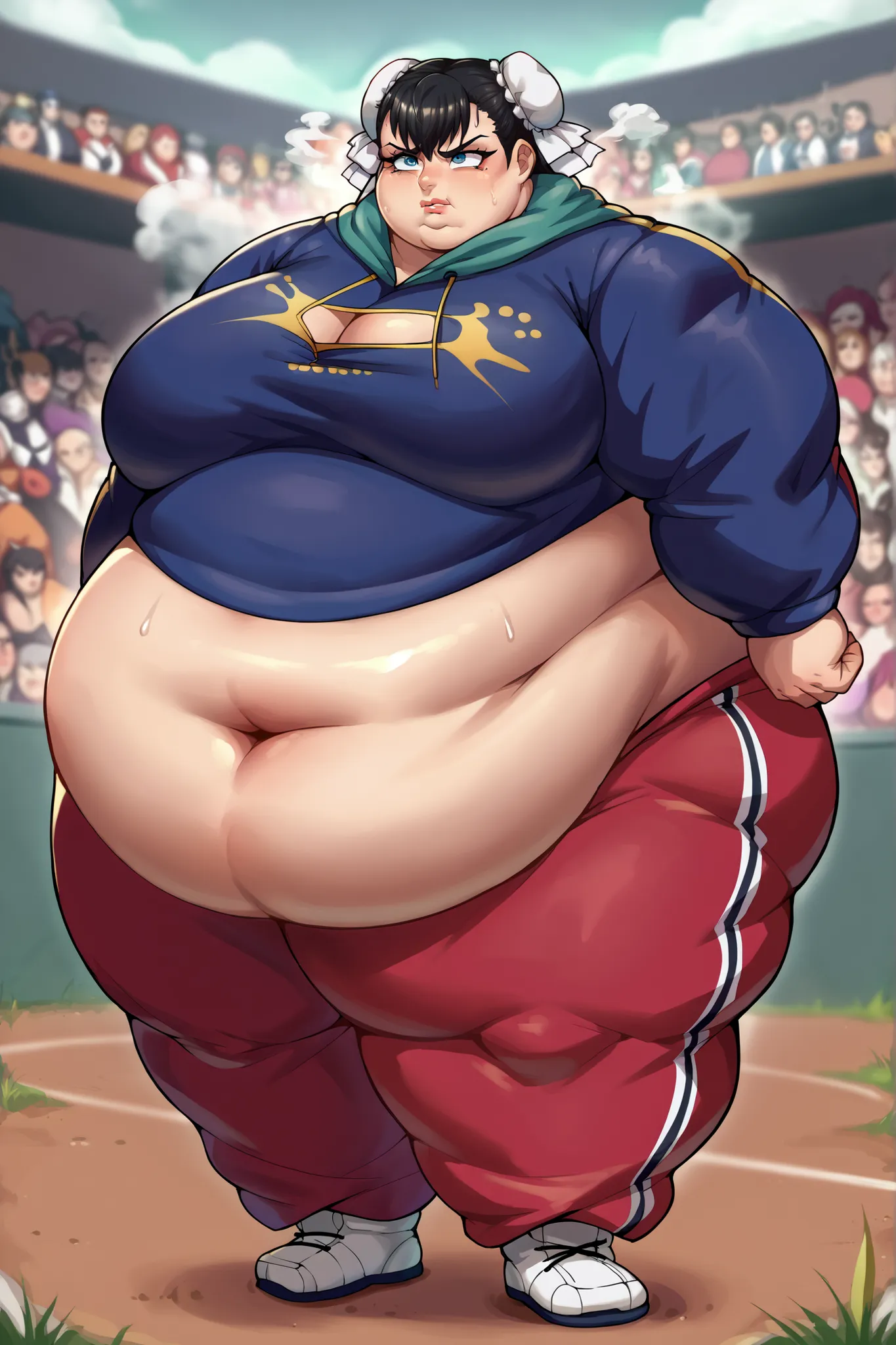 score_9, score_8_up, score_7_up, source_anime, xuelan, blue eyes, black hair, hair bun, double bun, bun cover, sweater, hoodie, sweatpants, shoes, giant hands, giant feet, fat, chubby, obese, gigantic arms and legs, gigantic breasts, sagging breasts, full...