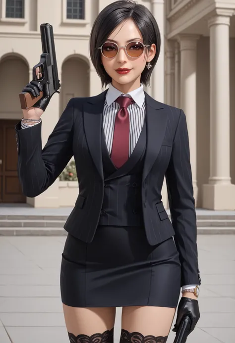 Ada Wong, RE4, asian facial features, almond-shaped eyes, bob cut hair, Black, straight hair, standing elegantly, elegant pose, rural spanish village, red lips, sexy pose, dynamic angle, three-piece suit , 1girl , jewelry , formal , earrings , suit , butto...