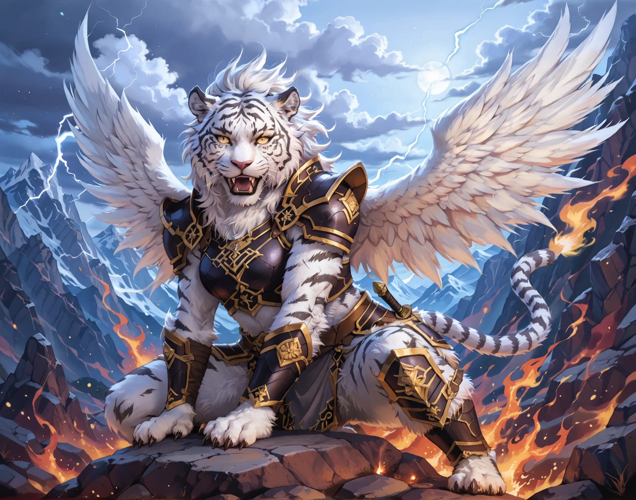 Epic battle scene between an anthropomorphic fiery wolf warrior and a white tiger warrior, both wearing dark fantasy armor, clashing in a burst of magical energy. The wolf has flames coming from his mane and wings, while the white tiger emits icy blue aura...