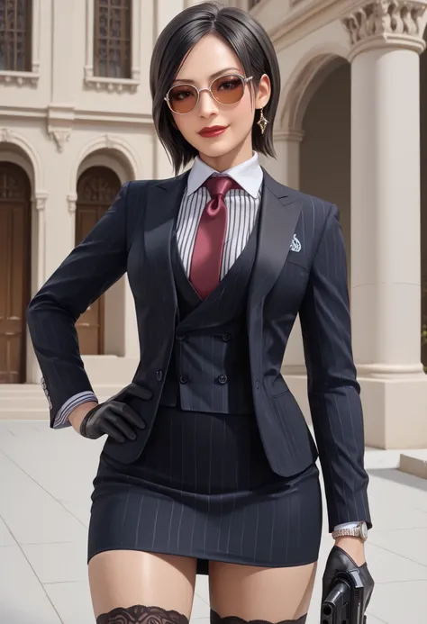 Ada Wong, RE4, asian facial features, almond-shaped eyes, bob cut hair, Black, straight hair, standing elegantly, elegant pose, rural spanish village, red lips, sexy pose, dynamic angle, three-piece suit , 1girl , jewelry , formal , earrings , suit , butto...