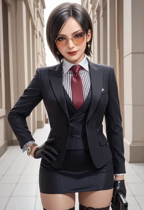 Ada Wong, RE4, asian facial features, almond-shaped eyes, bob cut hair, Black, straight hair, standing elegantly, elegant pose, rural spanish village, red lips, sexy pose, dynamic angle, three-piece suit , 1girl , jewelry , formal , earrings , suit , butto...