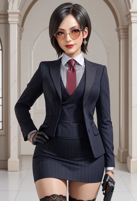 Ada Wong, RE4, asian facial features, almond-shaped eyes, bob cut hair, Black, straight hair, standing elegantly, elegant pose, rural spanish village, red lips, sexy pose, dynamic angle, three-piece suit , 1girl , jewelry , formal , earrings , suit , butto...