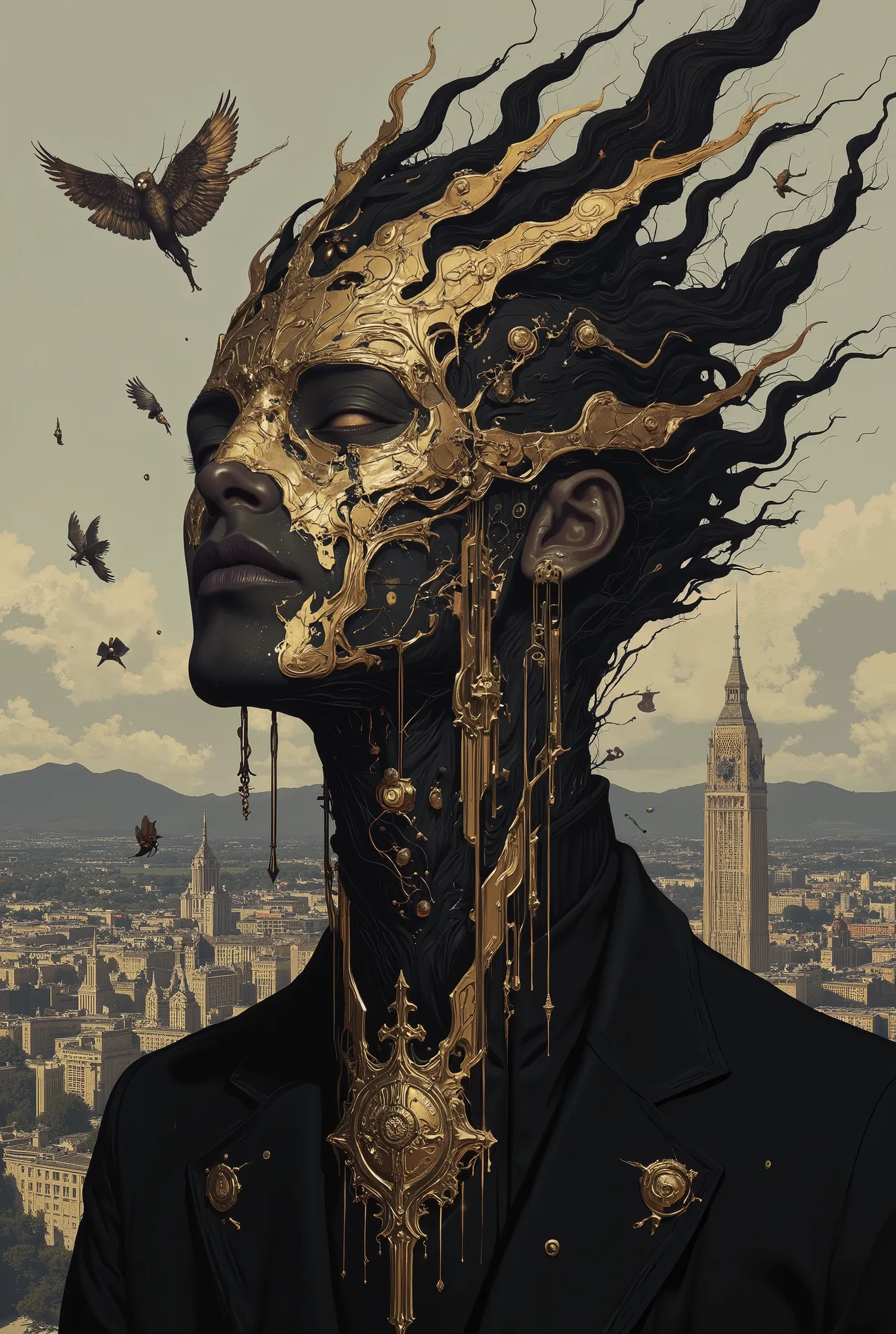 Worship, mechanics, strange head format char, parts, machinery, artificial, synthetic, beauty, sadness, blue, dance, happiness, joy, dawn gray sky, dark surrealism style, dark sci-fi style. long combat dress, muted colors and shades, classy, powerful, mesm...