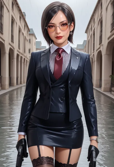 Ada Wong, RE4, asian facial features, almond-shaped eyes, bob cut hair, Black, straight hair, standing elegantly, elegant pose, rural spanish village, red lips, sexy pose, dynamic angle, three-piece suit , 1girl , jewelry , formal , earrings , suit , butto...