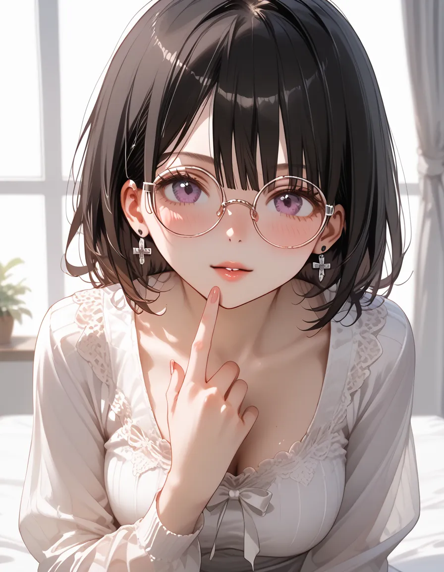 high quality detailed,  chromatic aberrations , ultra detailed quality pele, Detailed lighting with ray tracing, obra-prima、 melhor qualidade、obra-prima, high definition , 8K quality, Rosto perfeito, 1 menina, rosto bonito, beautiful and detailed eyes, sozinho, (rosto muito fofo), cabelo preto, franja repartida, olhos roxo escuro、Corte curto de Bob、(costeletas), 、delgado、tight waist、round glasses、rosto bonito, (espantado, carranca, boca aberta, rubor no nariz, leaning forward, hand on own chest, corpo inteiro, de baixo:1.2), bochecha vermelha, ,  bunda grande , brilhante, pele, looking at the viewer, hair combed back,  collarbone, staring at the spectator, (lingeri pretas, cinta liga), tiroteio de cowboy, linha de assento, dynamic angle, pose sensual, sensual expression, pose sensual, gradient background, Contexto simples, 