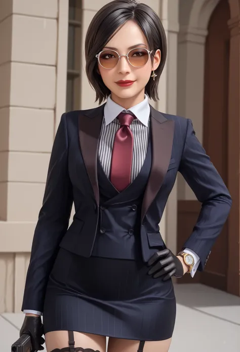 Ada Wong, RE4, asian facial features, almond-shaped eyes, bob cut hair, Black, straight hair, standing elegantly, elegant pose, rural spanish village, red lips, sexy pose, dynamic angle, three-piece suit , 1girl , jewelry , formal , earrings , suit , butto...