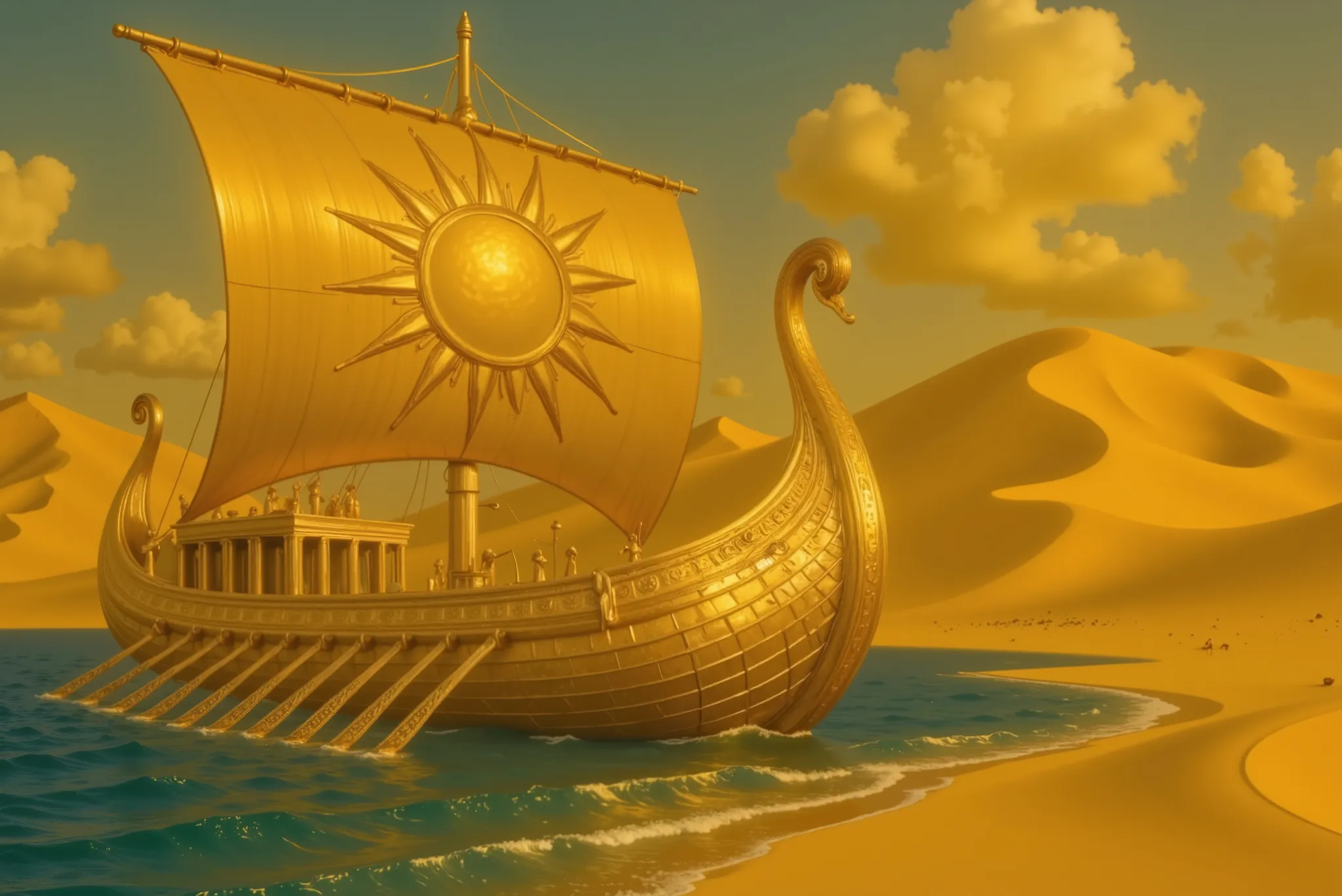 An ultra-realistic image of A Greek ship made of shimmering gold, sailing on a deep blue sea. Its sail bears a striking image of the sun, glowing brilliantly as it catches the wind. The coastline is lined with dunes of sand, where the golden waves meet the...