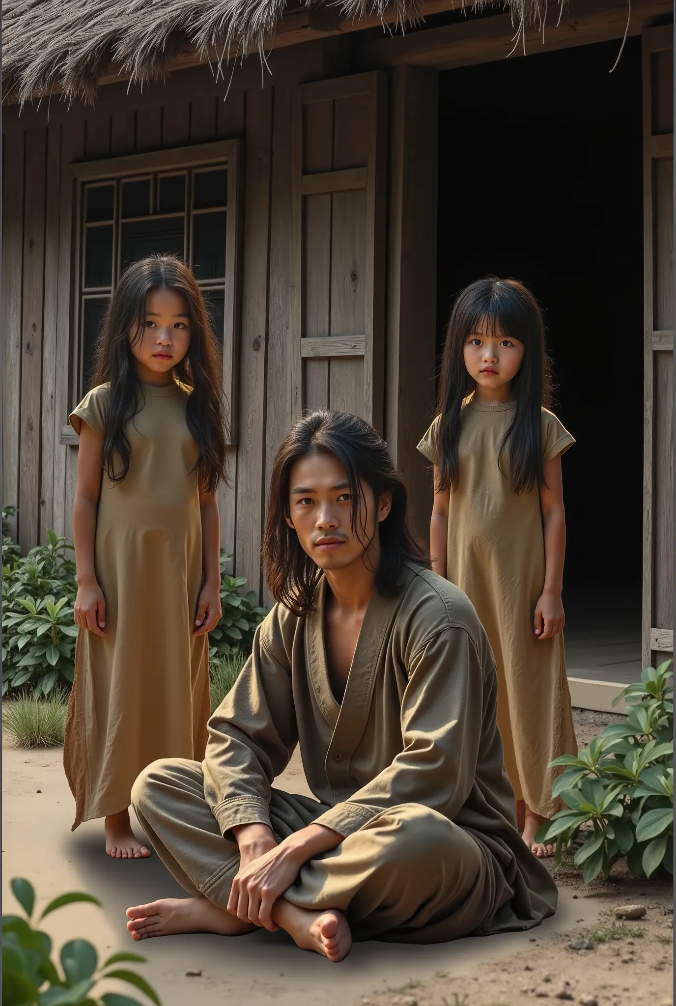 Hyperrealism. In this image, scene of poverty and abandonment. Beautiful chinese man is seated on the ground with two cute girls standing beside him (barefoot) dressed in bastard clothes that look like potato sacks. The man wearing traditional chinese clot...