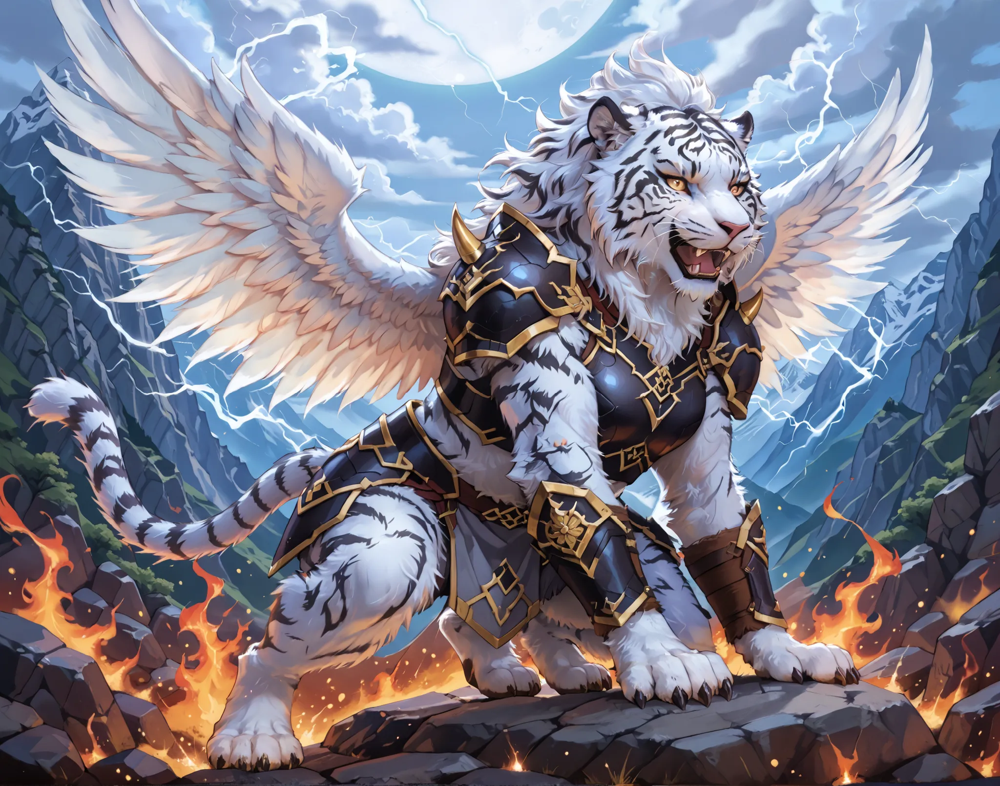 Epic battle scene between an anthropomorphic fiery wolf warrior and a white tiger warrior, both wearing dark fantasy armor, clashing in a burst of magical energy. The wolf has flames coming from his mane and wings, while the white tiger emits icy blue aura...