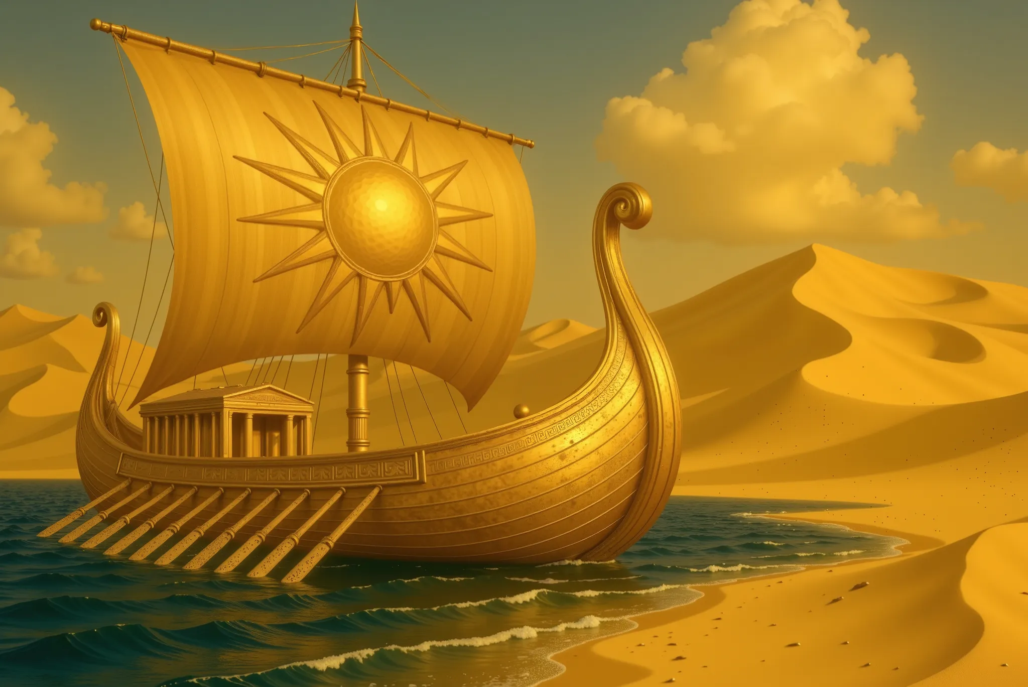 An ultra-realistic image of A Greek ship made of shimmering gold, sailing on a deep blue sea. Its sail bears a striking image of the sun, glowing brilliantly as it catches the wind. The coastline is lined with dunes of sand, where the golden waves meet the...