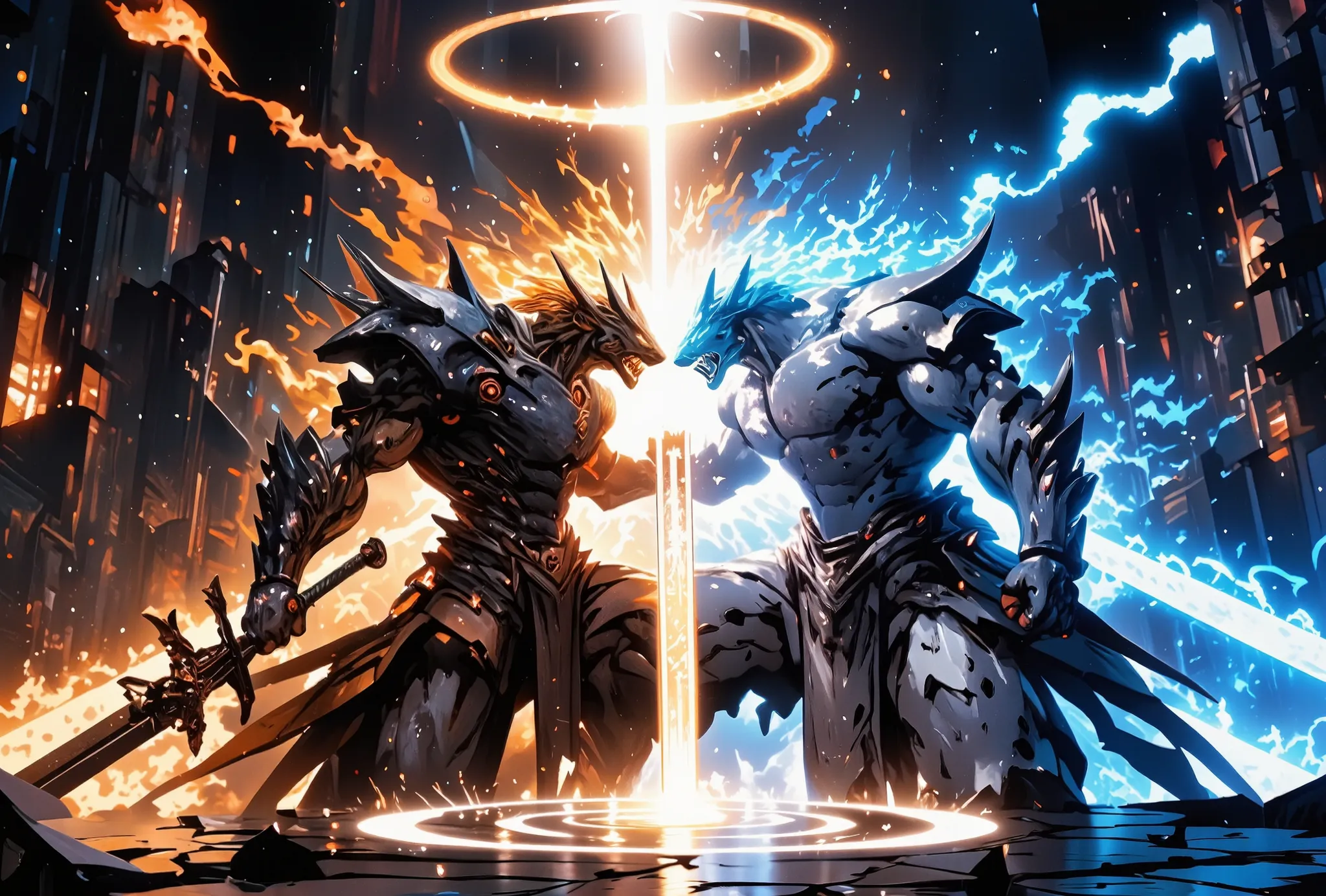 Epic battle scene between an anthropomorphic fiery wolf warrior and a white tiger warrior, both wearing dark fantasy armor, clashing in a burst of magical energy. The wolf has flames coming from his mane and wings, while the white tiger emits icy blue aura...