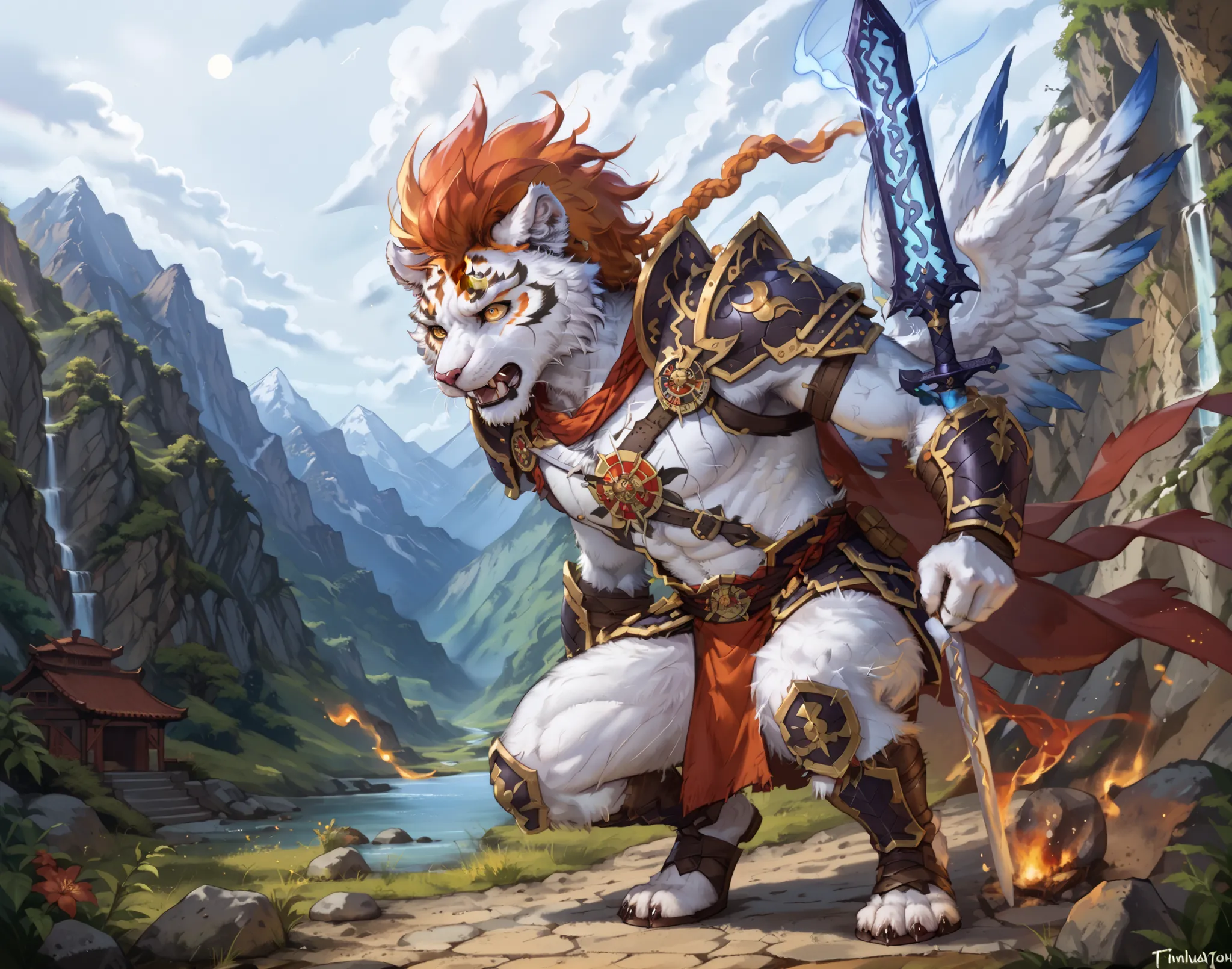 Epic battle scene between an anthropomorphic fiery wolf warrior and a white tiger warrior, both wearing dark fantasy armor, clashing in a burst of magical energy. The wolf has flames coming from his mane and wings, while the white tiger emits icy blue aura...