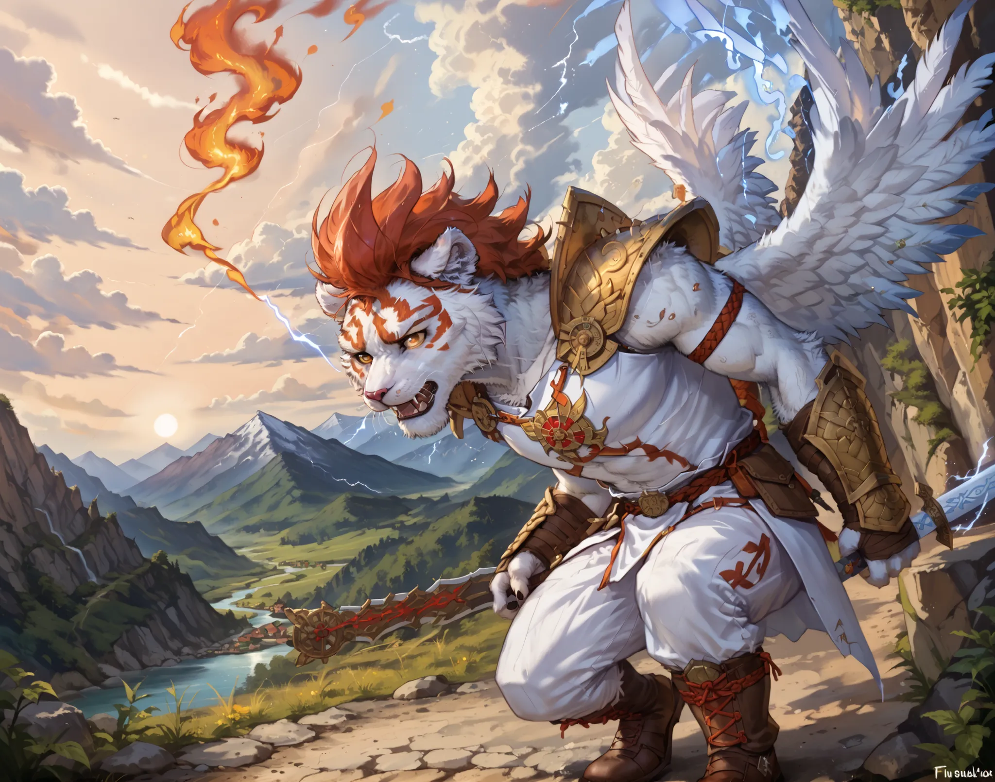 Epic battle scene between an anthropomorphic fiery wolf warrior and a white tiger warrior, both wearing dark fantasy armor, clashing in a burst of magical energy. The wolf has flames coming from his mane and wings, while the white tiger emits icy blue aura...