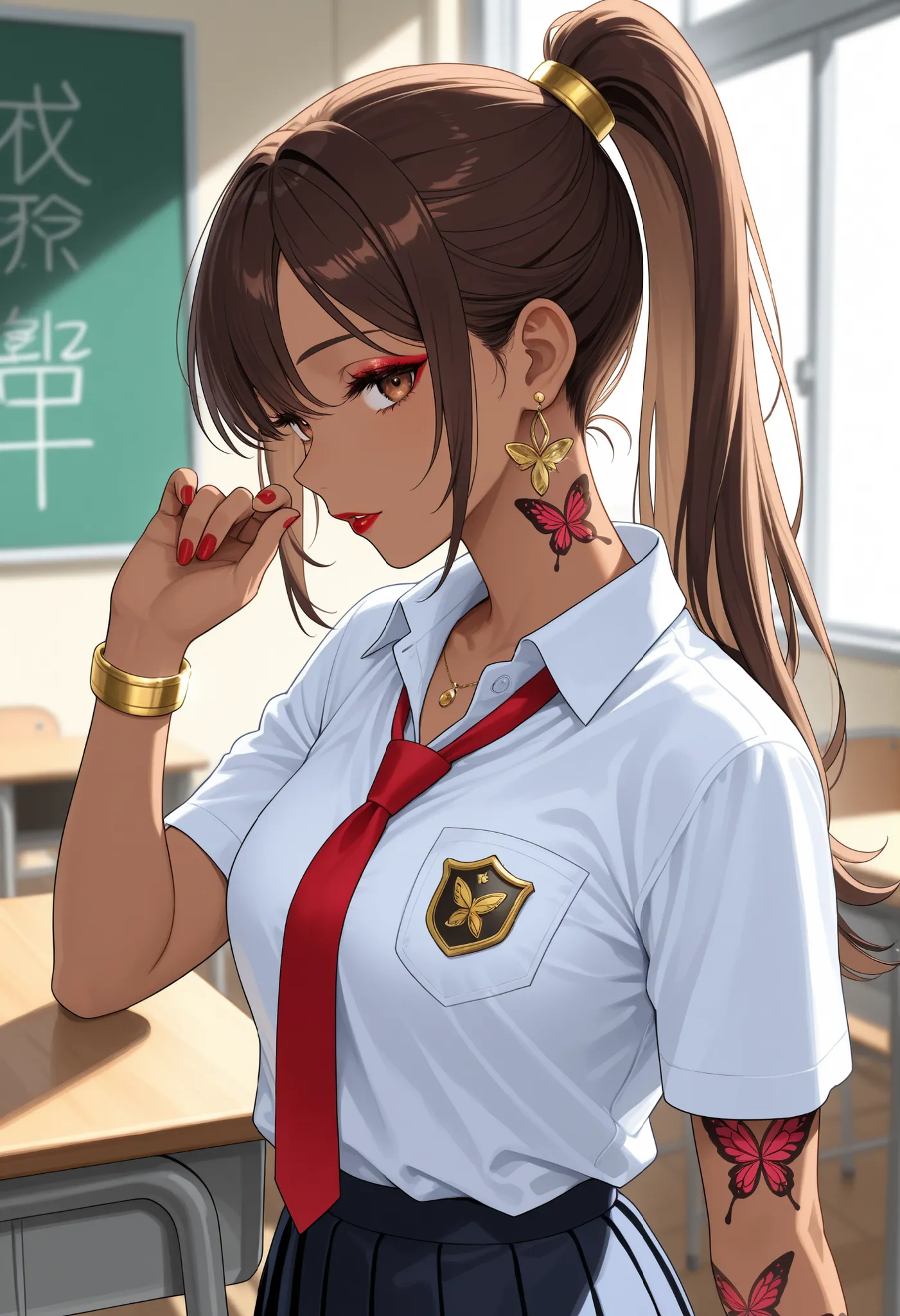 1 woman、taken from the front、Ultra HD、ultra high definition、brown hair、the tips of the hair are white、Ponytail、Nape、brown skin、gold wrist ring、brooch、earrings、a dignified expression、red lipstick、eyeshadow、butterfly tattoo on my arm、Classroom、noon、indirect ...