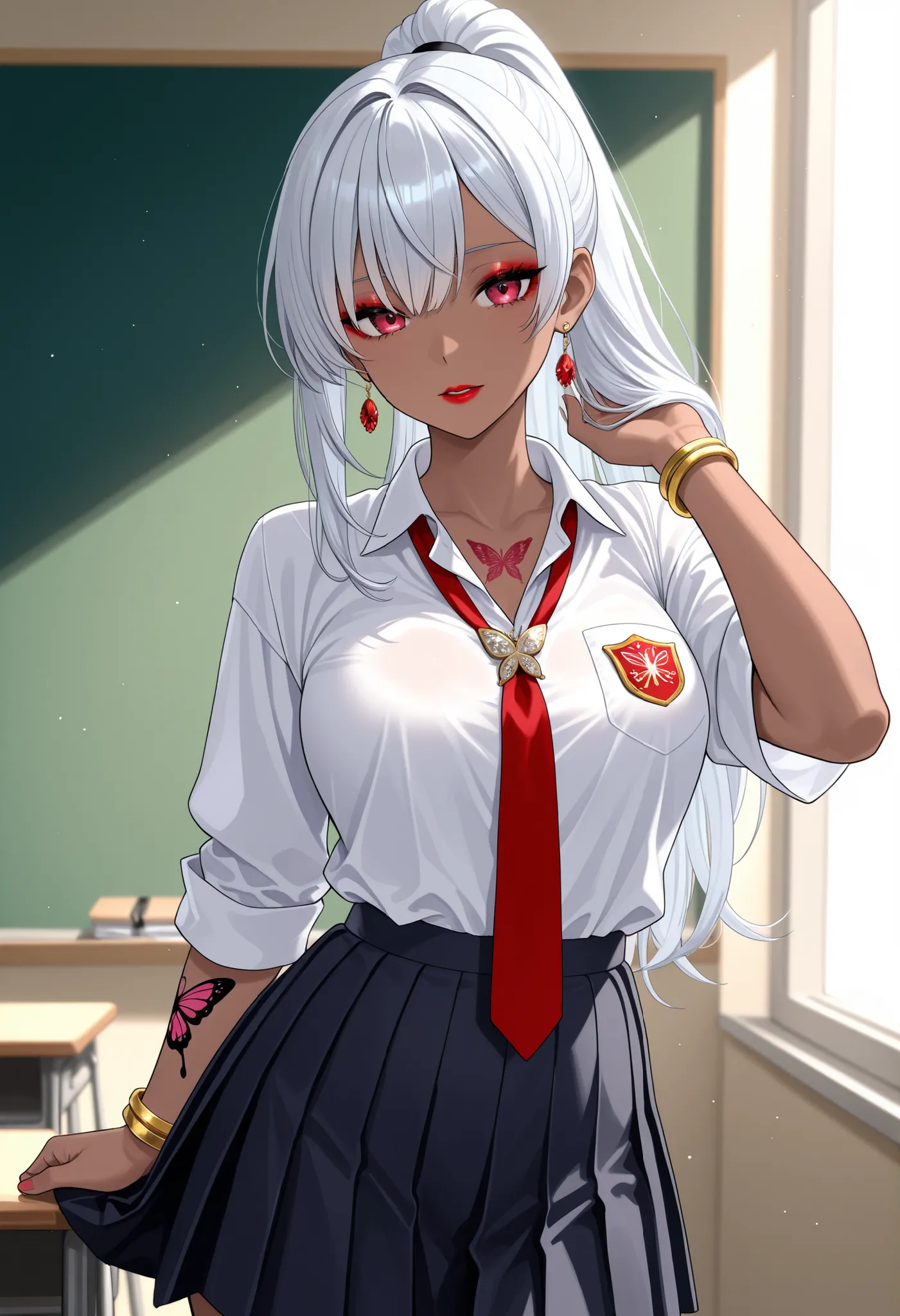 1 woman、taken from the front、Ultra HD、ultra high definition、silver hair、the tips of the hair are white、Ponytail、Nape、brown skin、gold wrist ring、brooch、earrings、a dignified expression、red lipstick、eyeshadow、butterfly tattoo on my arm、Classroom、noon、indirect...