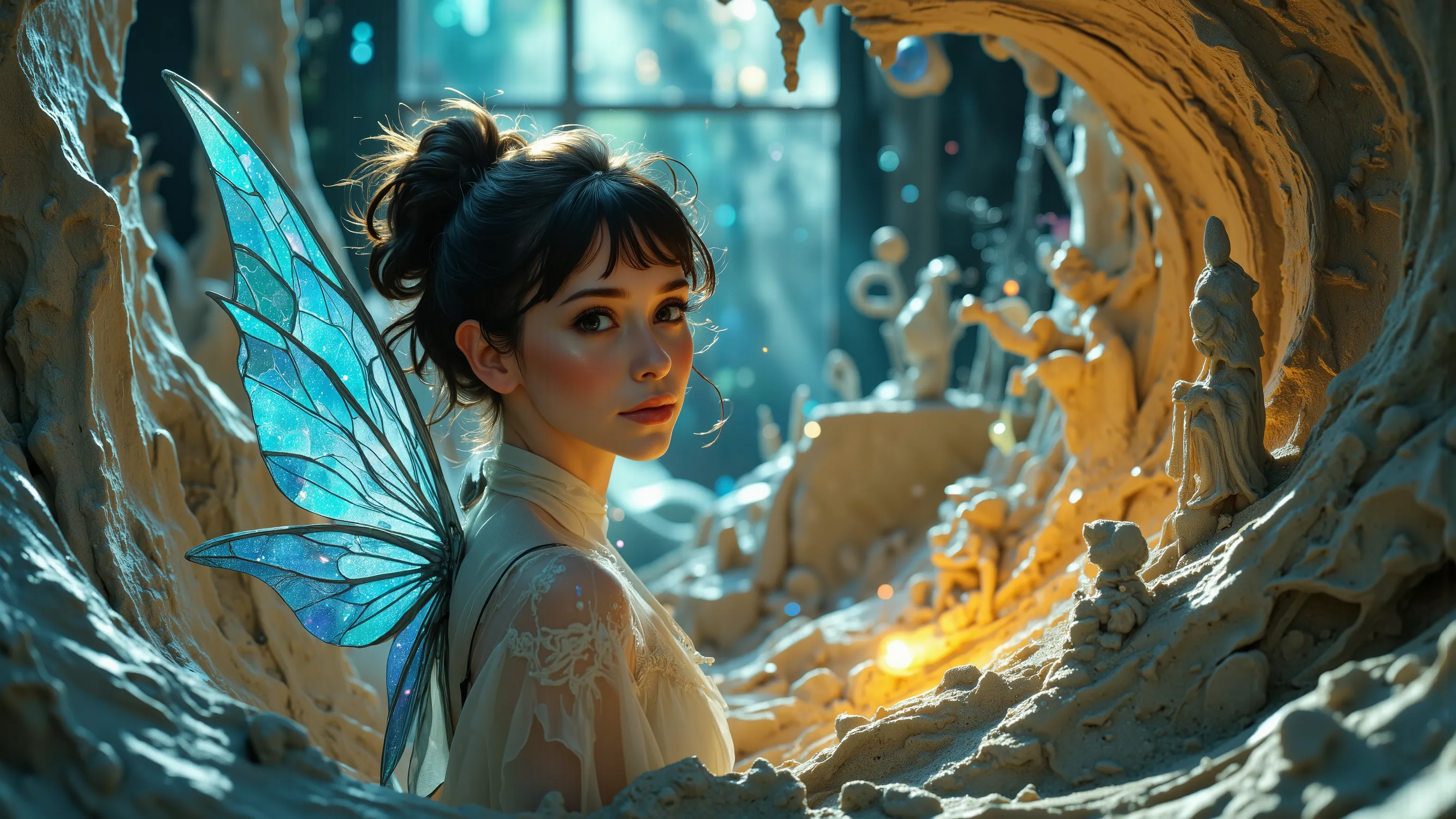 A sexy mystical fairy in a Kinetic Sand Temporal Flux style, where the passage of time is captured in the fluidity of sculpted sand. Fleeting shapes are illuminated by hints of blue and yellow, with a delicate interplay of light and shadow emphasising life...