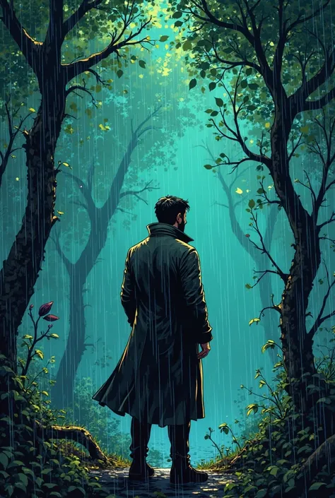 a man in a trench coat looking at the horizon at night in a playful forest with rain and s all around him,comic style