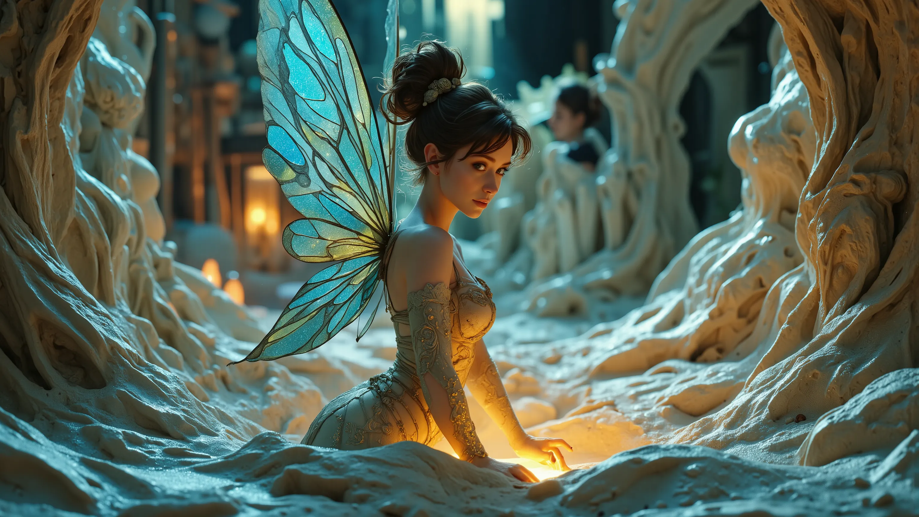 A sexy mystical fairy in a Kinetic Sand Temporal Flux style, where the passage of time is captured in the fluidity of sculpted sand. Fleeting shapes are illuminated by hints of blue and yellow, with a delicate interplay of light and shadow emphasising life...