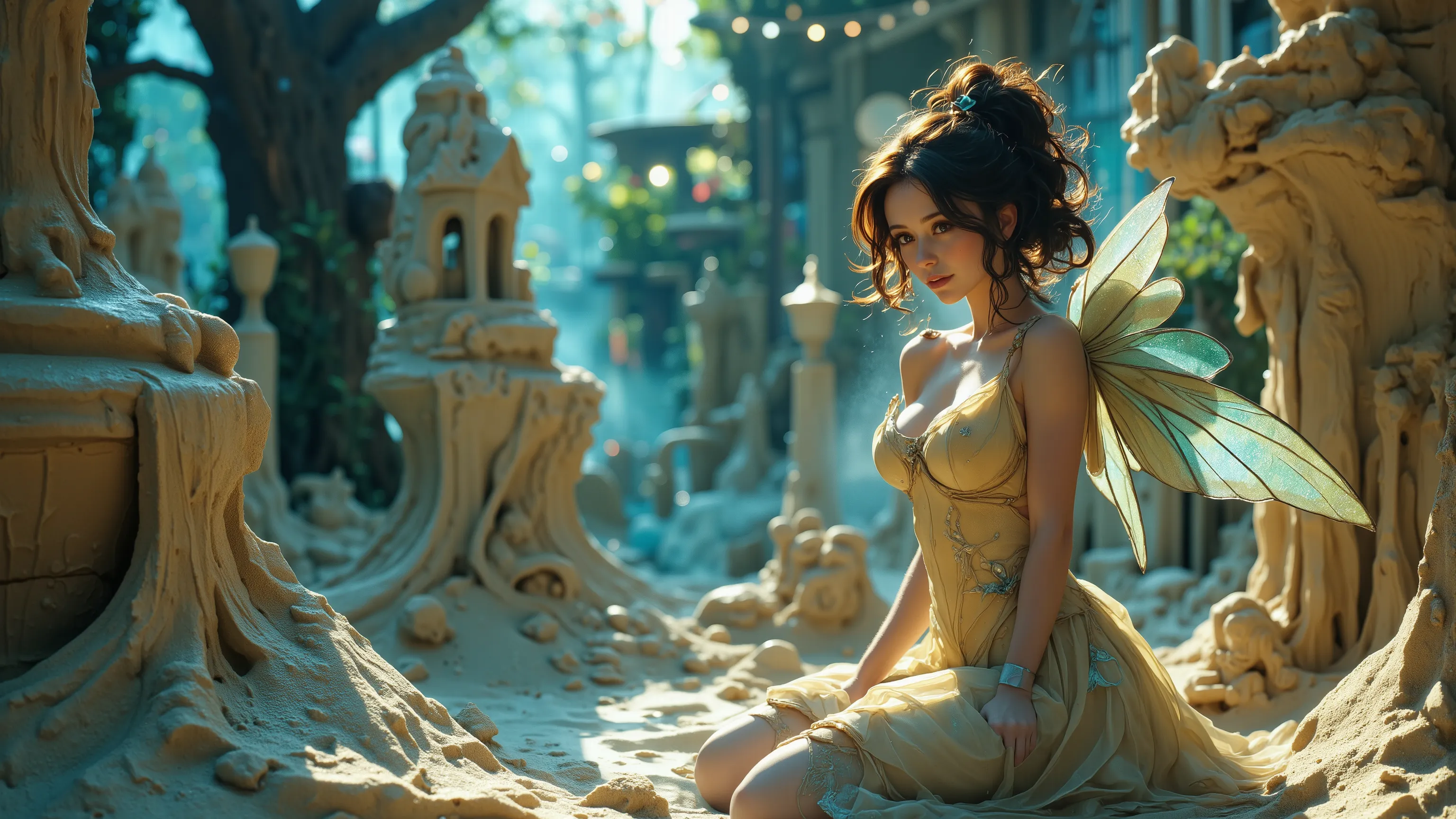 A sexy mystical fairy in a Kinetic Sand Temporal Flux style, where the passage of time is captured in the fluidity of sculpted sand. Fleeting shapes are illuminated by hints of blue and yellow, with a delicate interplay of light and shadow emphasising life...
