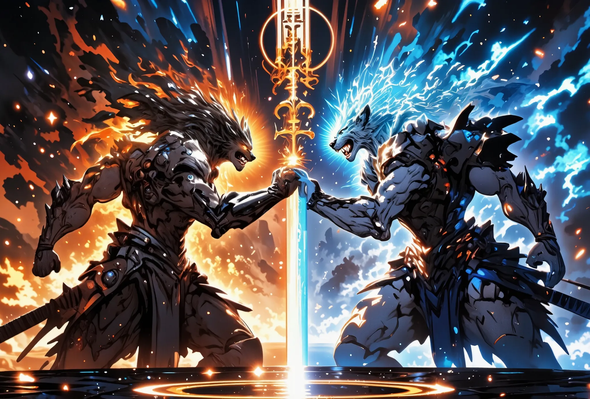 Epic battle scene between an anthropomorphic fiery wolf warrior and a white tiger warrior, both wearing dark fantasy armor, clashing in a burst of magical energy. The wolf has flames coming from his mane and wings, while the white tiger emits icy blue aura...