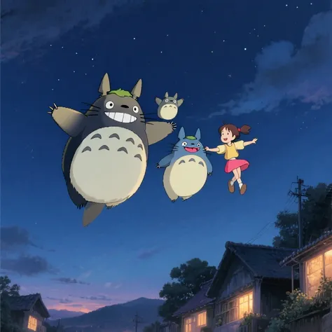 ジブリアニメ「となりのトトロ」の大きなトトロと中くらいのトトロと小型のトトロが、サツキとメイと一緒に笑顔で空を飛んでいる。最高傑作。最高画質。最高品質。アニメの空を飛ぶシーンを再現。温かな雰囲気。夜の村。