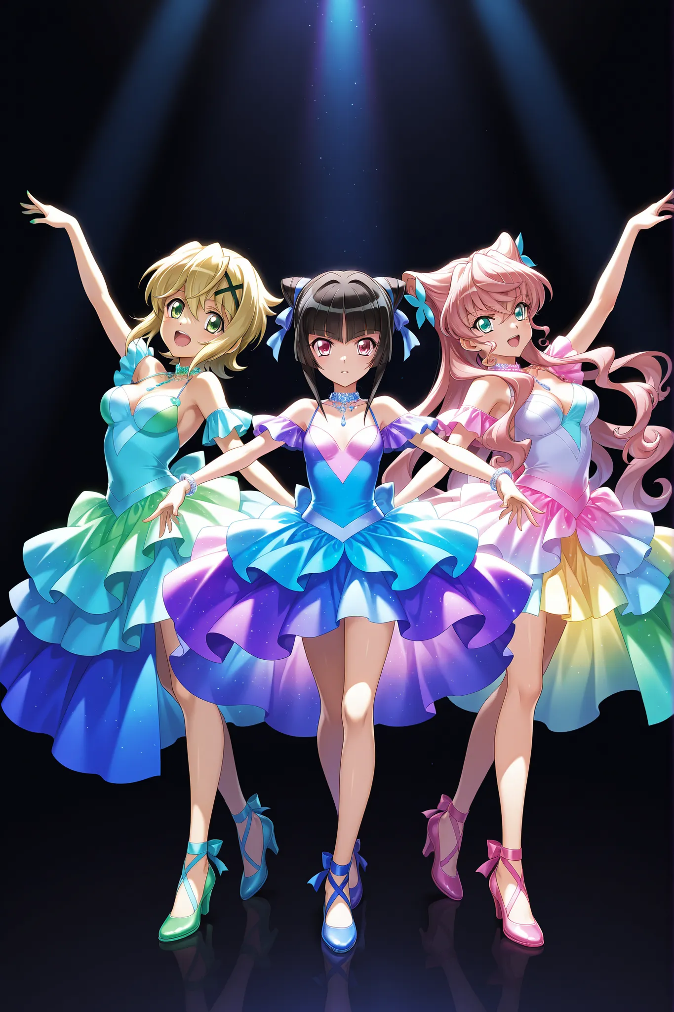 (3 girls):1.2,symphogear,Akatsuki Kirika, Tsukuyomi Shirabe,maria cadenzavna eve, black background,
colorful, vibrant, Shining Contours ,neon,colorful,official art,viewer, (ballroom dancing),Light Powder,neon hair,Rainbow gradient, film lighting,BREAK
mast...