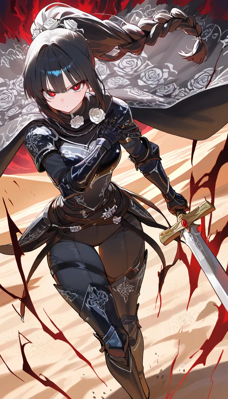 (beautiful girl : 1.3),1 girl,(Black Armor,black embroidered cloak with estock,White rose hair accessory,thigh,boots),black hair,Ponytail,braids,anger, abusive,has a sword, desert,runs,Red and black aura from a sword,active,Dynamic Angle,masterpiece,Highest Quality,rich contrasts,high image quality,8k,High Definition CG Unit Wallpaper,texture,Incredibly Absurd, RAW photos ,Deep Boundaries 1 .2,Very Detailed