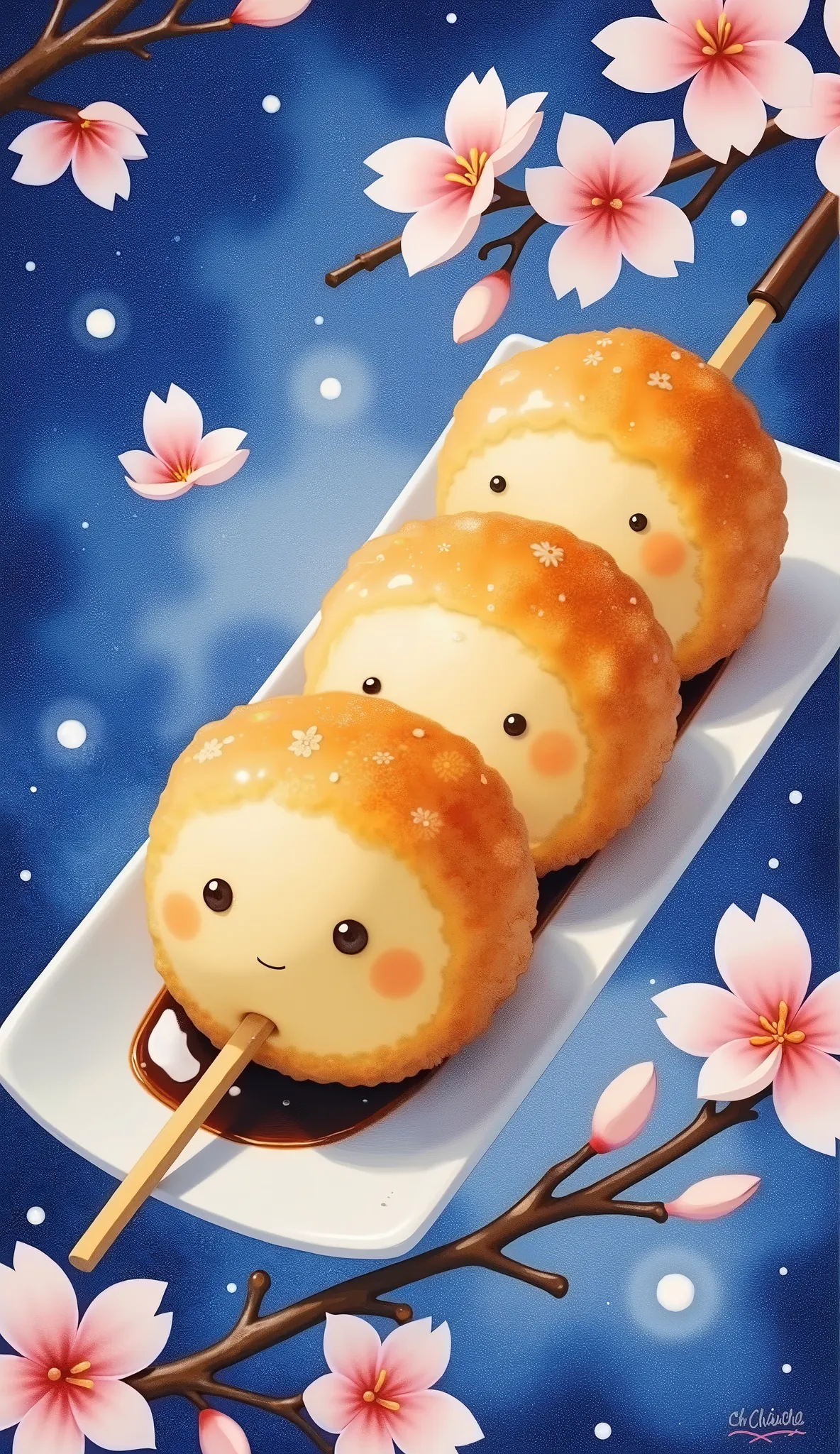 (The personification of dango),Cherryblossom,moon night,watercolor style,no humans,Dango 3 brothers, Put on a skewer, 3 dango  soy sauce, put on a skewer, dango 3 siblings

The oldest son is the oldest son and the youngest son is sandwiched between the third son and the third son the second son Dango 3 siblings, The surface is smooth and circular.

My brother's eldest son, older brother's third son, I'm the second son, second son, Dango 3 siblings