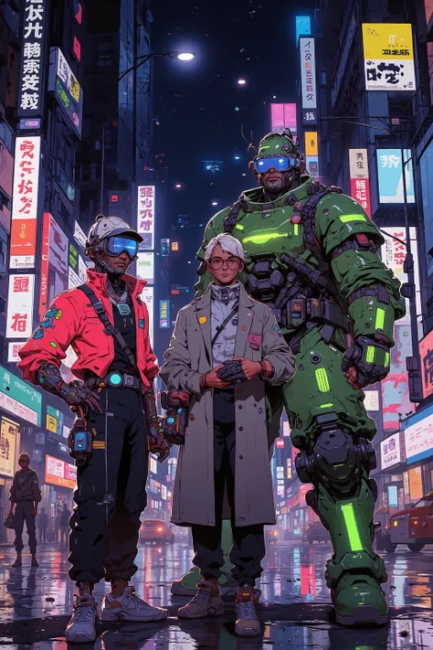 Three adult male characters standing together in a cyberpunk city at night.
The first is a small, agile man with dark skin, wearing a red neon-lit jacket, goggles around his neck, and a high-tech cap device ("cybercap") with a holographic interface built ...
