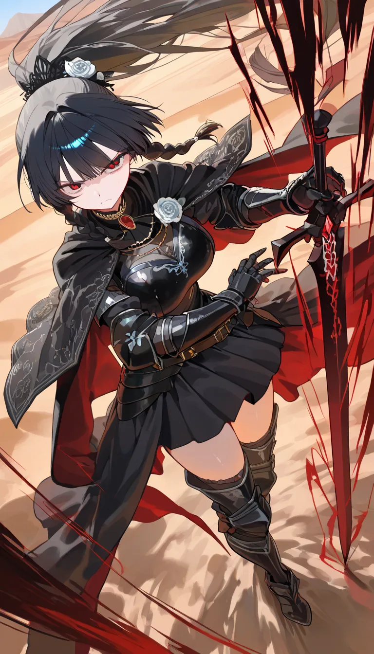 (beautiful girl : 1.3),1 girl,(Black Armor,black embroidered cloak with estock,White rose hair accessory,thigh,boots),black hair,Ponytail,braids,anger, abusive,has a sword, desert,runs,Red and black aura from a sword,active,Dynamic Angle,masterpiece,Highest Quality,rich contrasts,high image quality,8k,High Definition CG Unit Wallpaper,texture,Incredibly Absurd, RAW photos ,Deep Boundaries 1 .2,Very Detailed