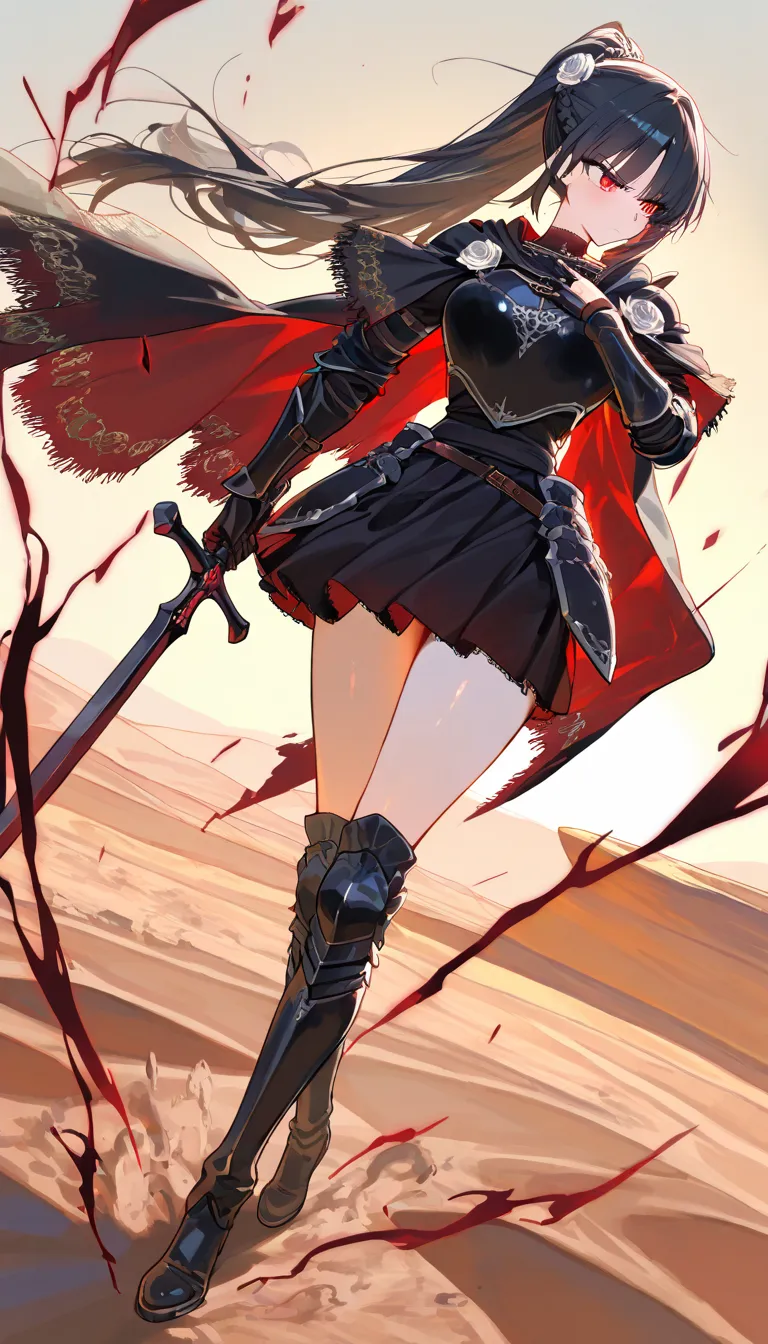 (beautiful girl : 1.3),1 girl,(Black Armor,black embroidered cloak with estock,White rose hair accessory,thigh,boots),black hair,Ponytail,braids,anger, abusive,has a sword, desert,runs,Red and black aura from a sword,active,Dynamic Angle,masterpiece,Highest Quality,rich contrasts,high image quality,8k,High Definition CG Unit Wallpaper,texture,Incredibly Absurd, RAW photos ,Deep Boundaries 1 .2,Very Detailed