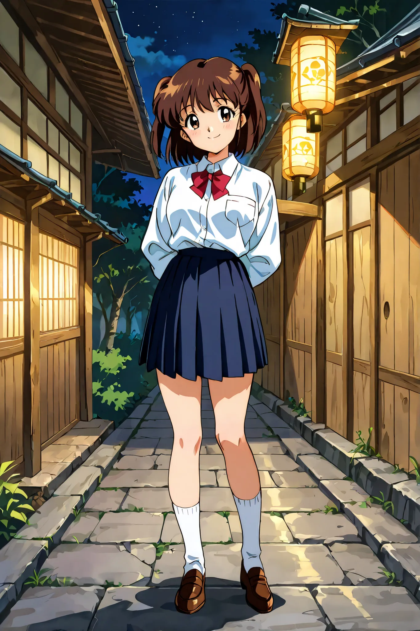 1girl,solo,adult,18 years old,kayo,dark brown eyes,dark brown hair,two side hair,shoulder-length short hair,white collared shirt,short red necktieribbon,navy blue short pleated skirt,white socks,loafers,masterpiece,best quality,amazing quality,score_9, sco...
