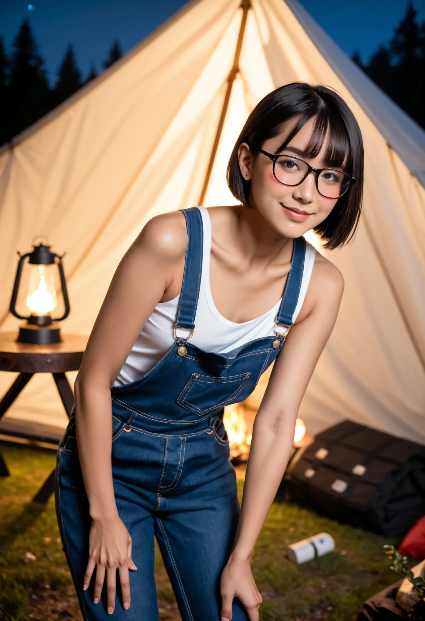 score_9,score_8_up,score_7_up,source_real,real skin, BREAK asian female mountaineer, japanese idol,25 yo,(blushing:1.3), (brown short hair:1.4),(lob cut hair:1.2),(slender body),tan_lines,smile,(flat chests),(Glasses:1.2), (Standing:1.2) ,(wearing long pan...