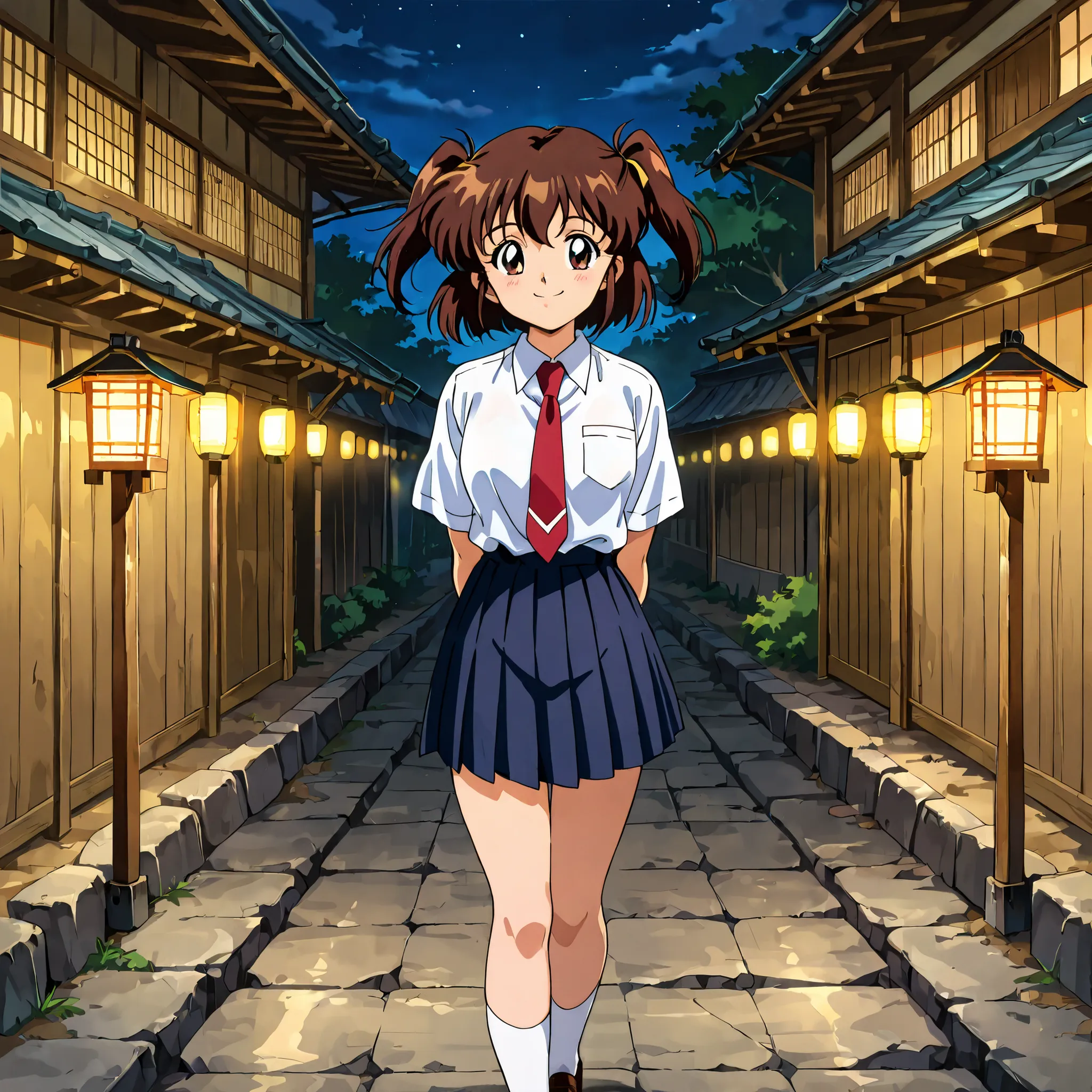 1girl,solo,adult,18 years old,kayo,dark brown eyes,dark brown hair,two side hair,shoulder-length short hair,white collared shirt,short red necktieribbon,navy blue short pleated skirt,white socks,loafers,masterpiece,best quality,amazing quality,score_9, sco...