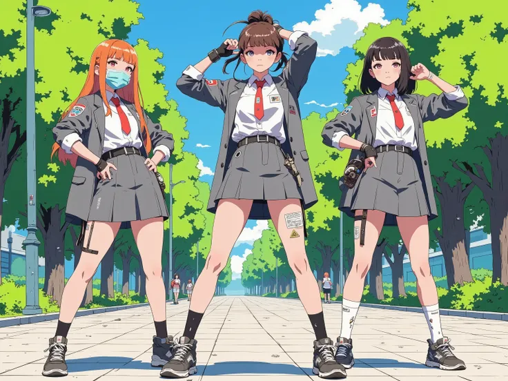 Three anime-style delinquent high school girls standing in a sentai-like pose in a public park, full body shown, spaced evenly, viewed from a slight low angle. Background includes green trees, clear blue sky, and a tiled pedestrian path. Hands must be clea...