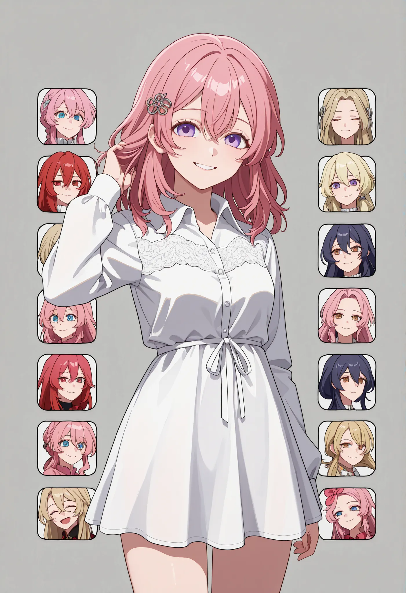 (masterpiece, Best quality), ((mains parfaites, Doigts parfaits)), 1girl, Seul, Ryou Minami Kotobuki, 

cheveux longs, frange, hair between the eyes, cheveux roses, very lcheveux longs,  yeux roses , 
hair ornament, barrette, 

uniforme scolaire, chemise, ...