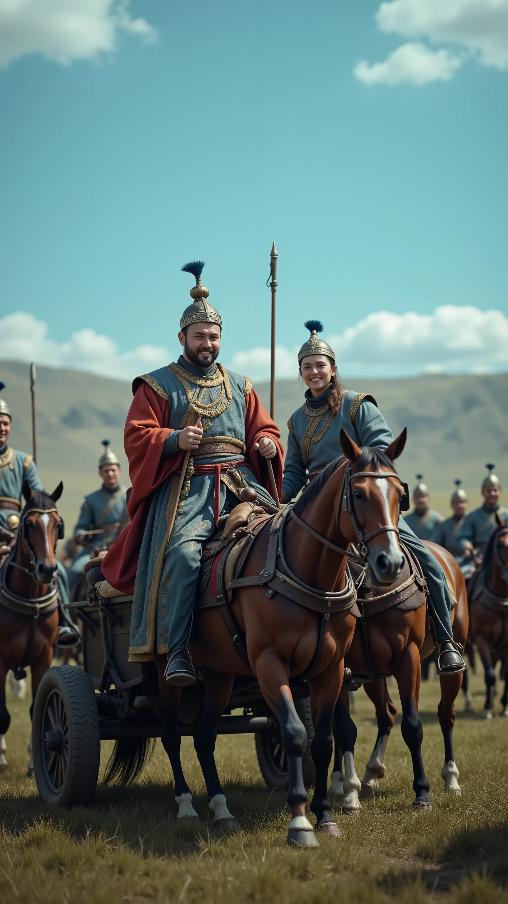 high-resolution images in front of the mounted army、images of the emperor and his wife smiling on a cart、Mongolian emperor Genghis Khan、In front of the cavalry、are、on blue grass on the Great Plains {x} with a large number of mounted legions drawn behind {x...